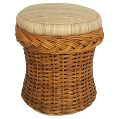 Wicker Works Rattan Stool with Upholstered Seat Cushion