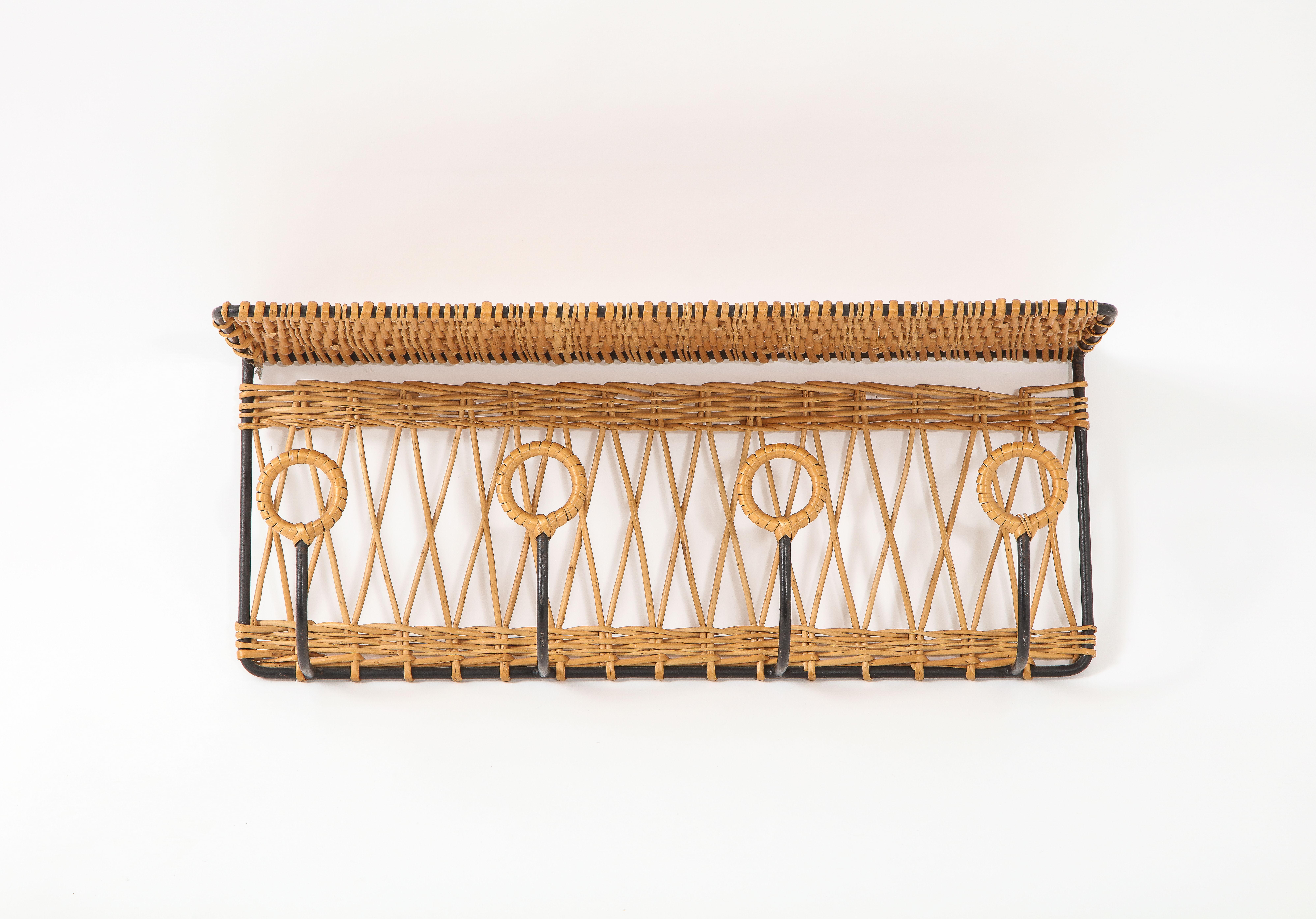 Wicker Rattan & Wrought Iron Coatrack Shelf, France 1960's For Sale 6