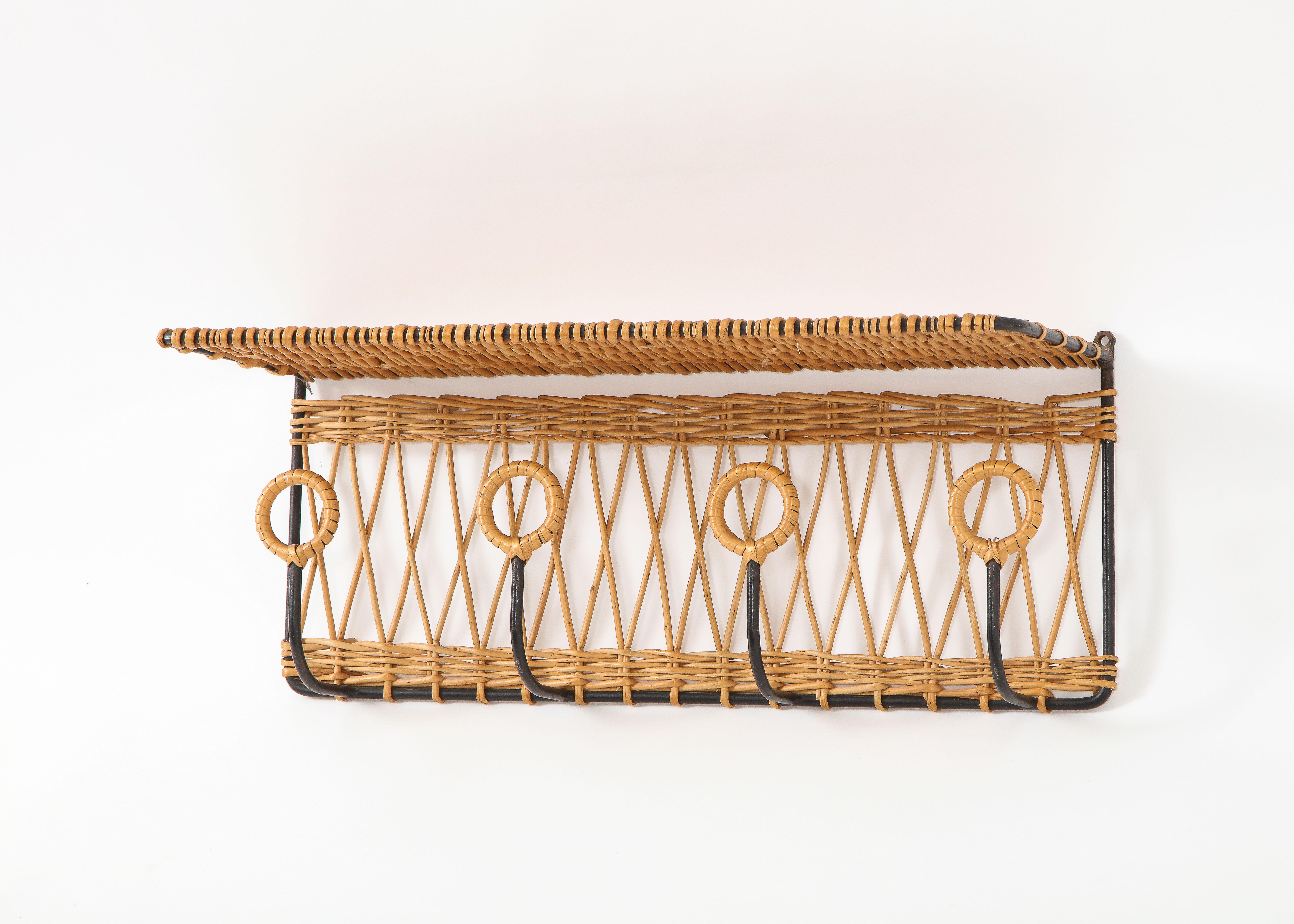 Wicker Rattan & Wrought Iron Coatrack Shelf, France 1960's For Sale 7