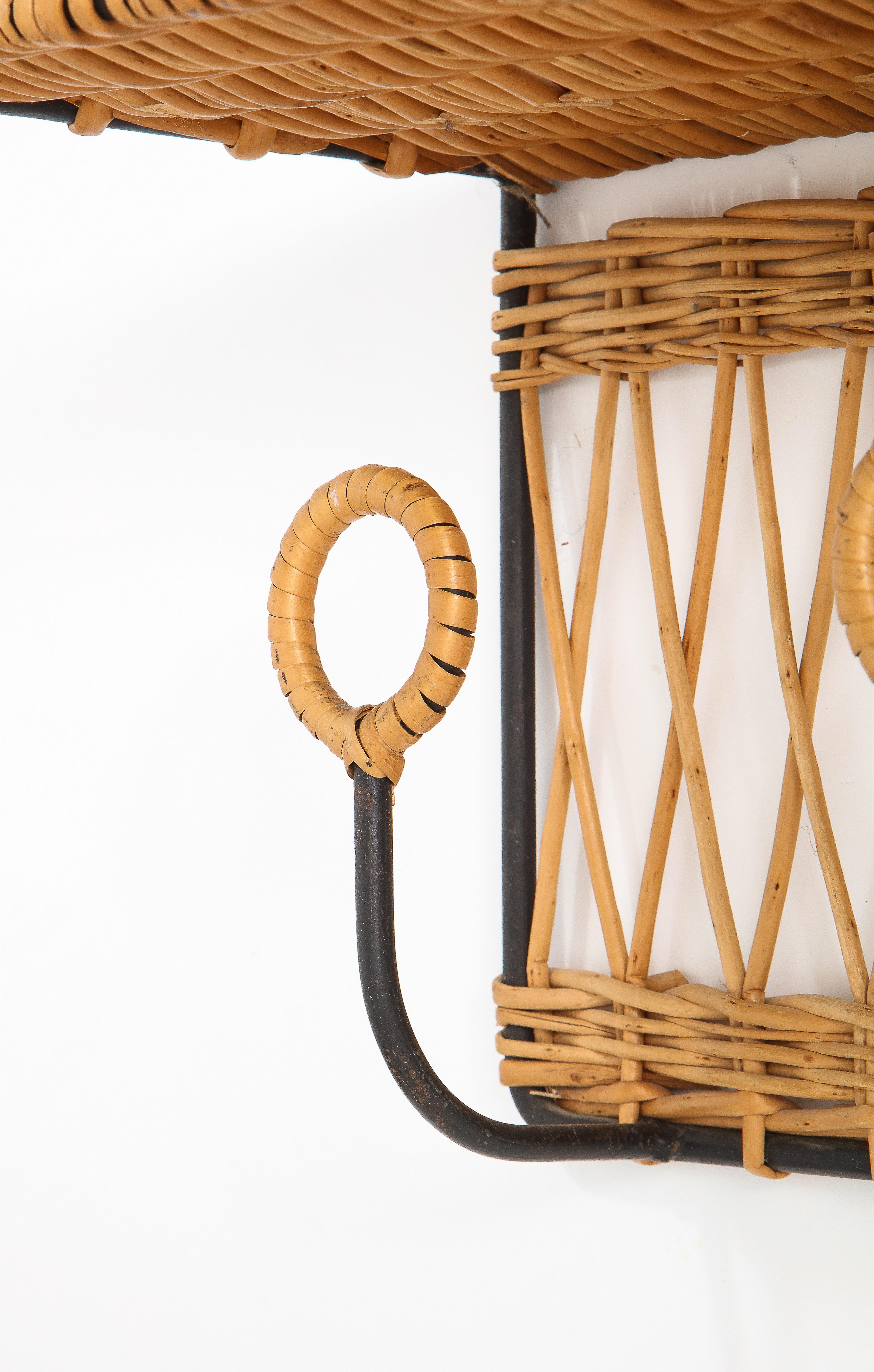 French Wicker Rattan & Wrought Iron Coatrack Shelf, France 1960's For Sale