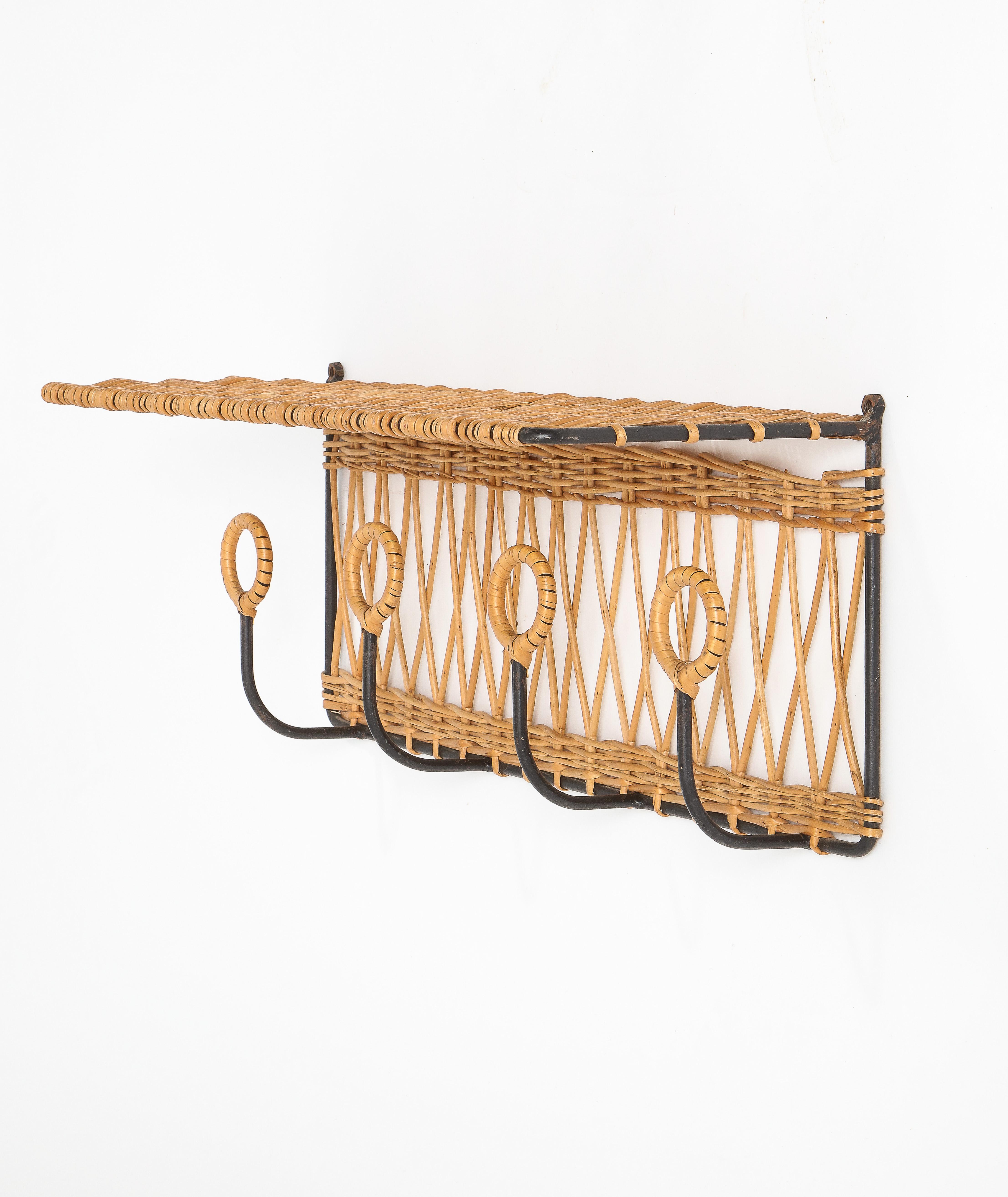 Wicker Rattan & Wrought Iron Coatrack Shelf, France 1960's In Good Condition For Sale In New York, NY