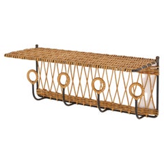 Wicker Rattan & Wrought Iron Coatrack Shelf, France 1960's