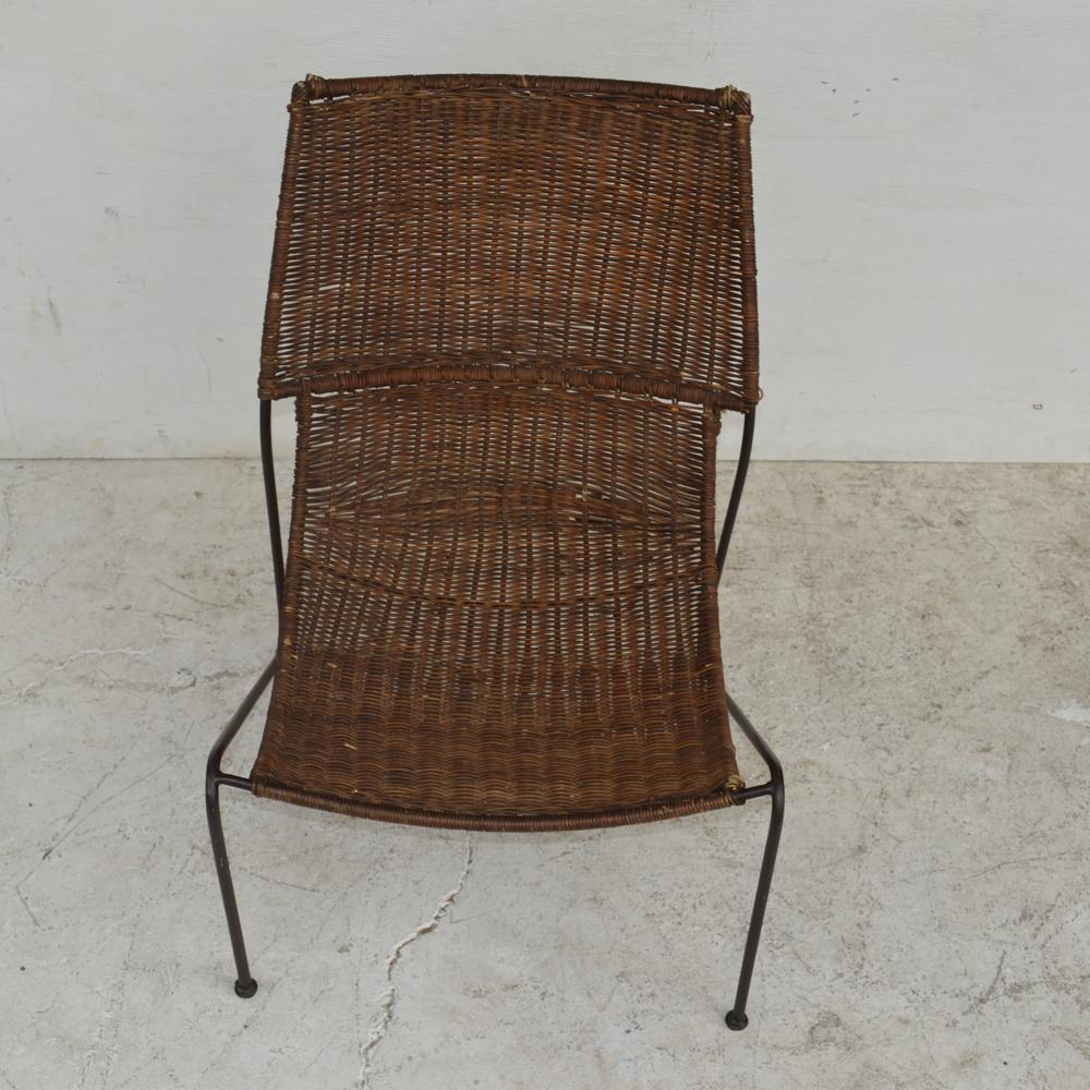 Mid-Century Modern Wicker & Wrought Iron Lounge Chair in the Manner of Frederick Weinberg