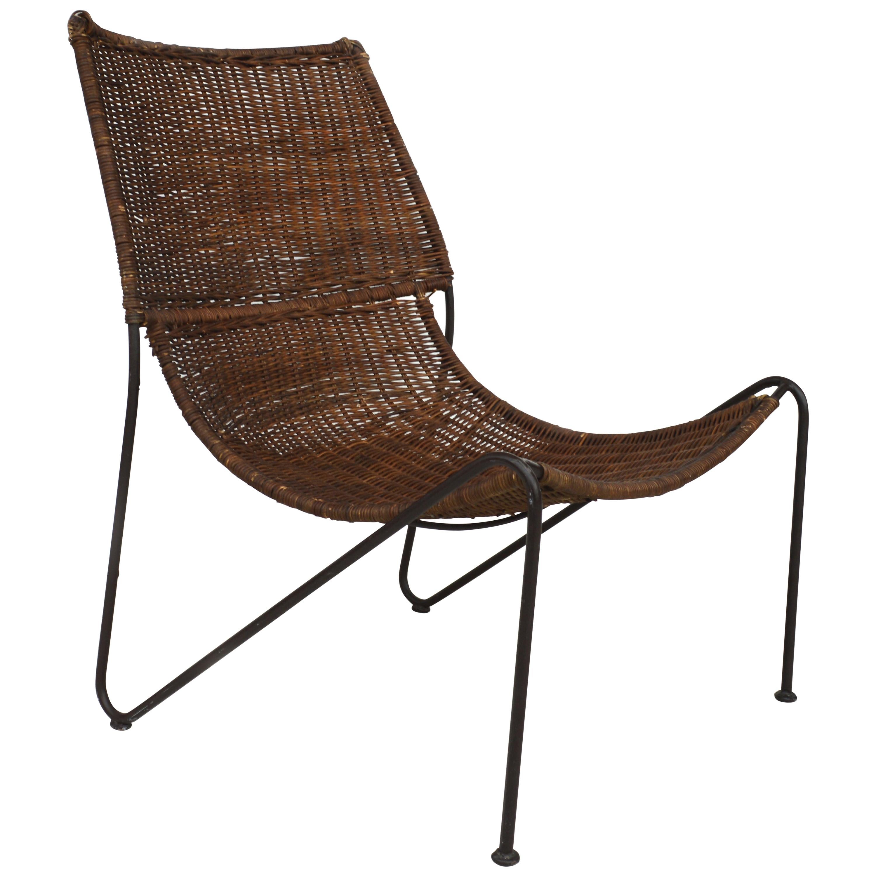 Wicker & Wrought Iron Lounge Chair in the Manner of Frederick Weinberg