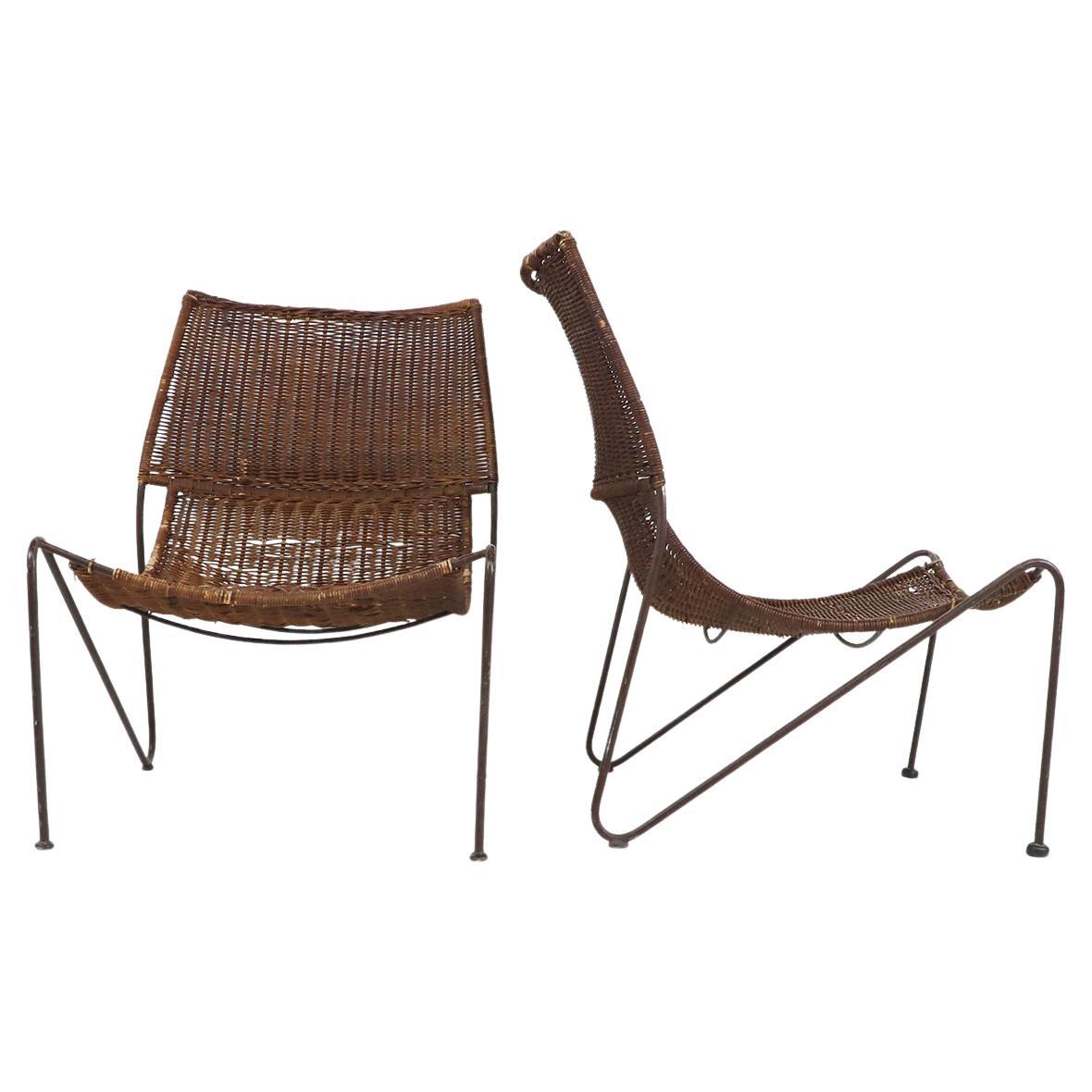 Wicker & Wrought Pair of Iron Lounge Chairs in the Manner of Frederick Weinberg