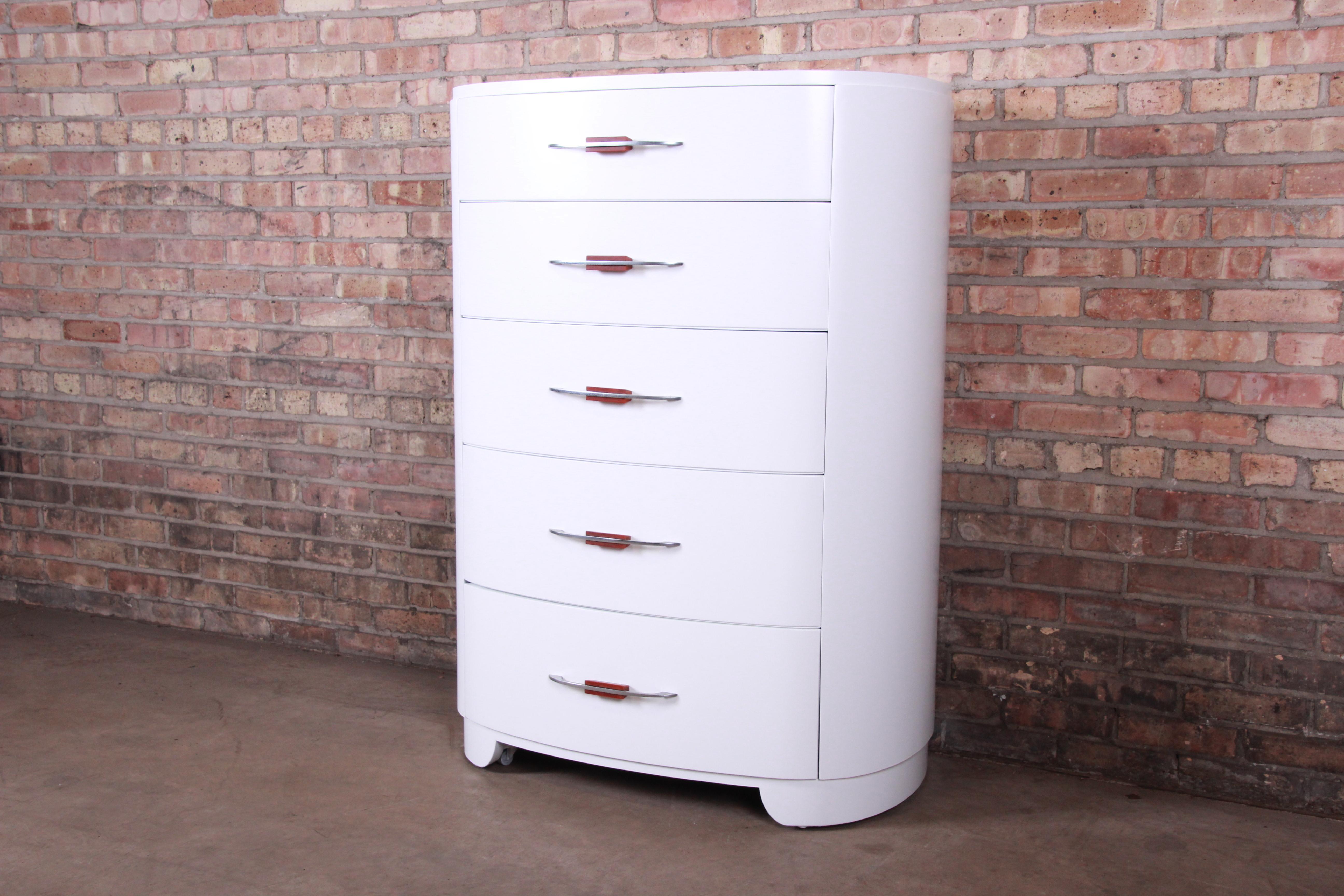 American Widdicomb Art Deco White Lacquered Highboy Dresser, Newly Refinished For Sale