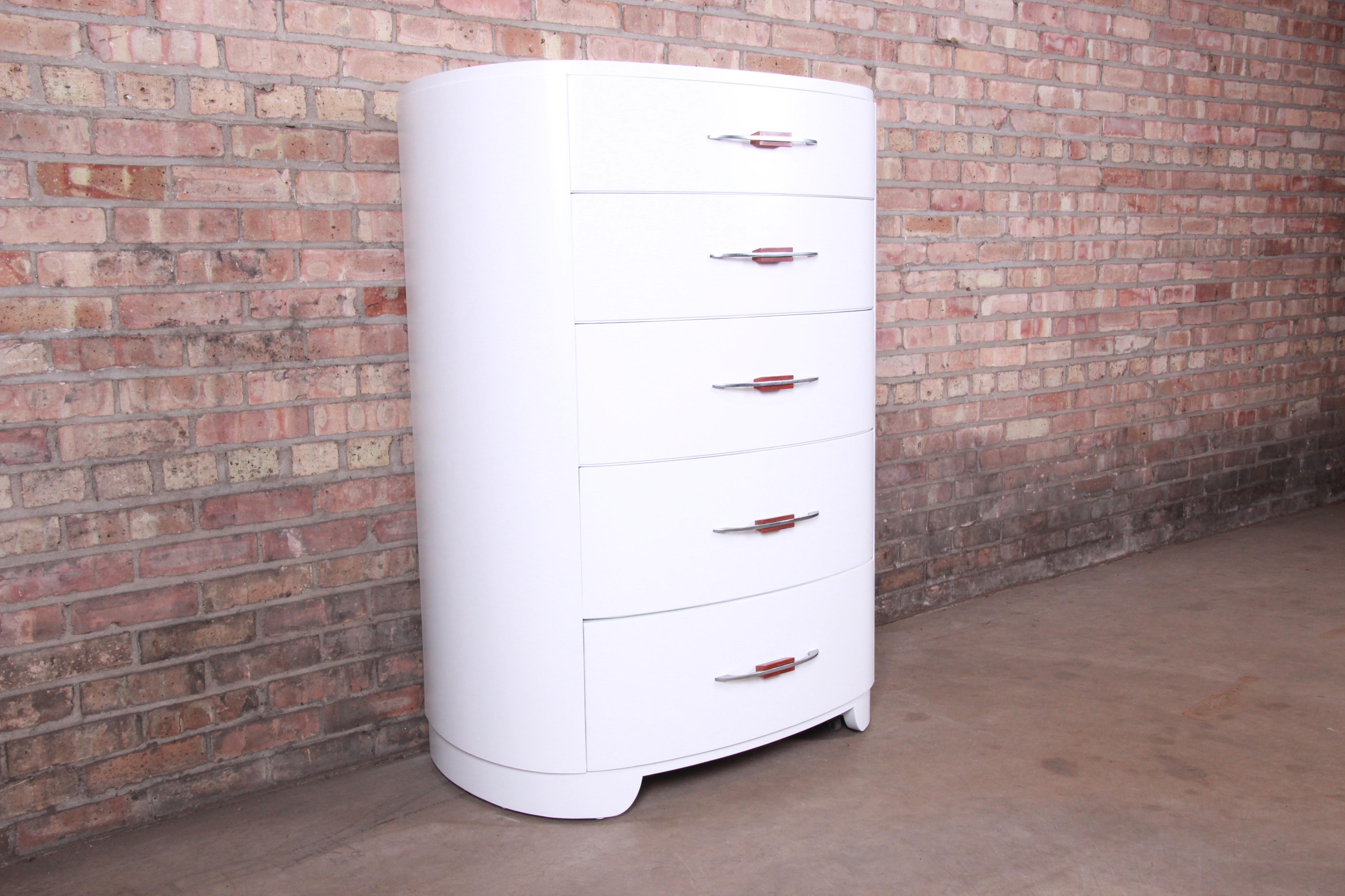 Widdicomb Art Deco White Lacquered Highboy Dresser, Newly Refinished In Good Condition For Sale In South Bend, IN