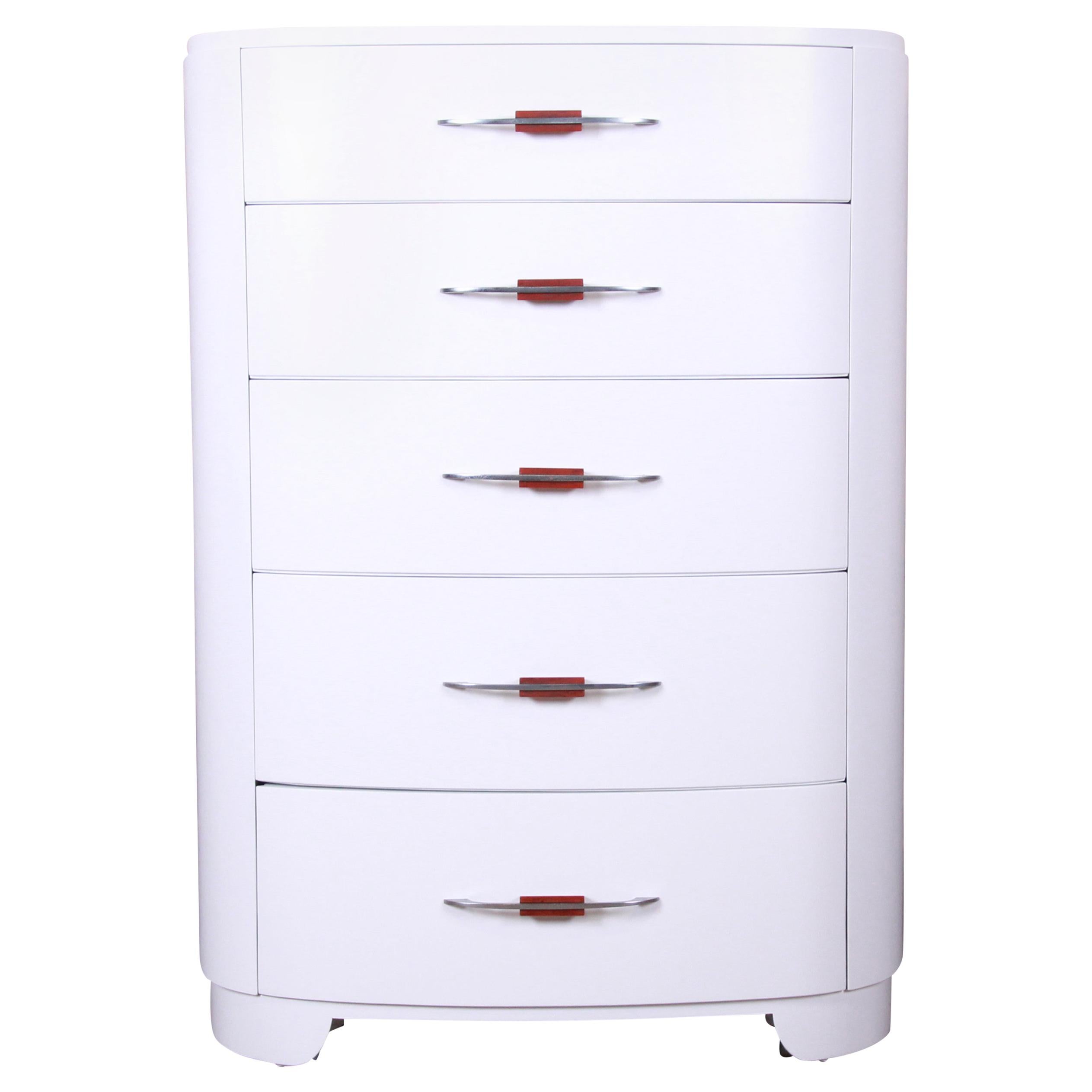 Widdicomb Art Deco White Lacquered Highboy Dresser, Newly Refinished