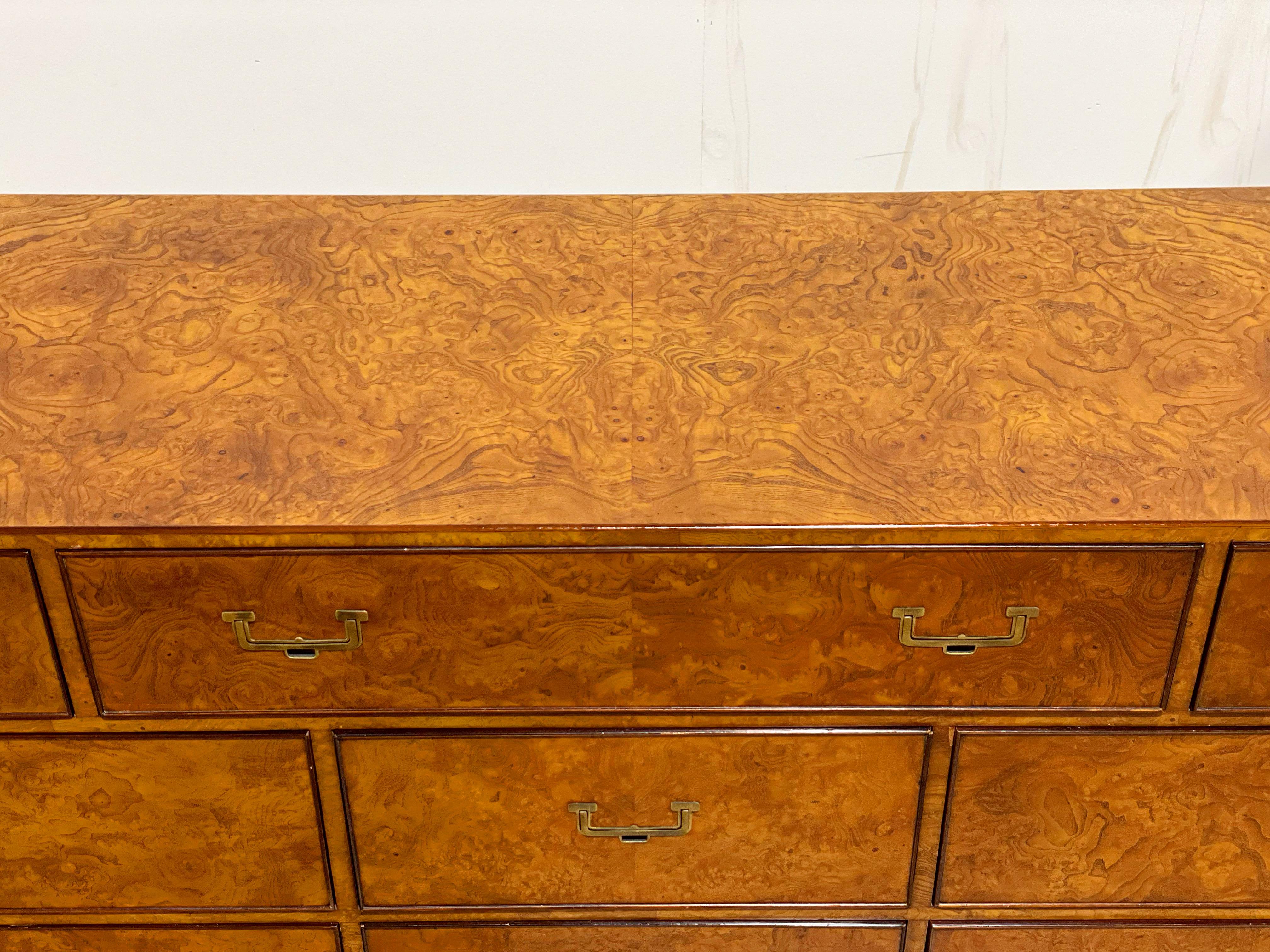 Widdicomb Burl Wood Campaign Dresser, Mid-Century 9 Drawer Chest 3