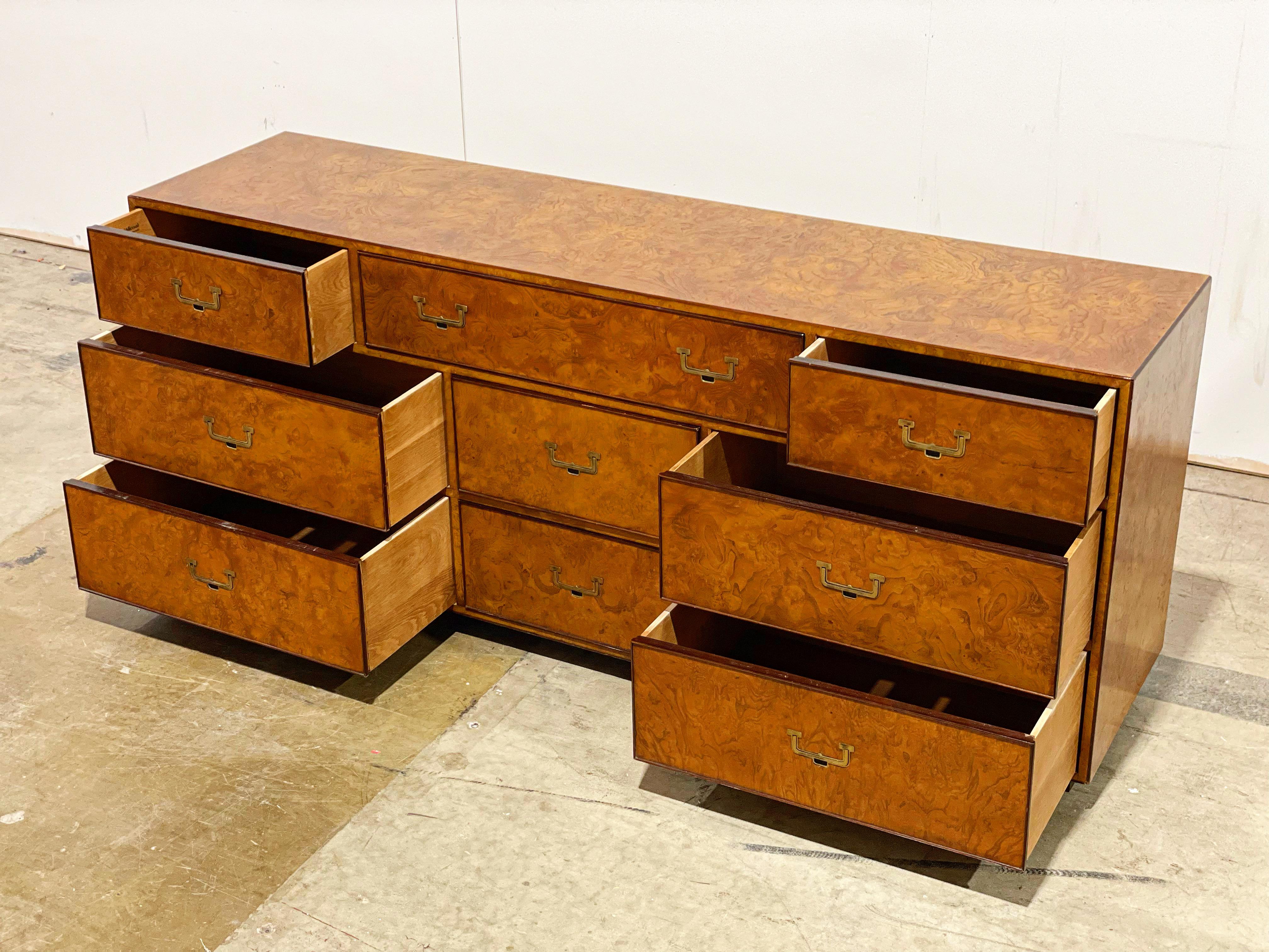 Widdicomb Burl Wood Campaign Dresser, Mid-Century 9 Drawer Chest 6