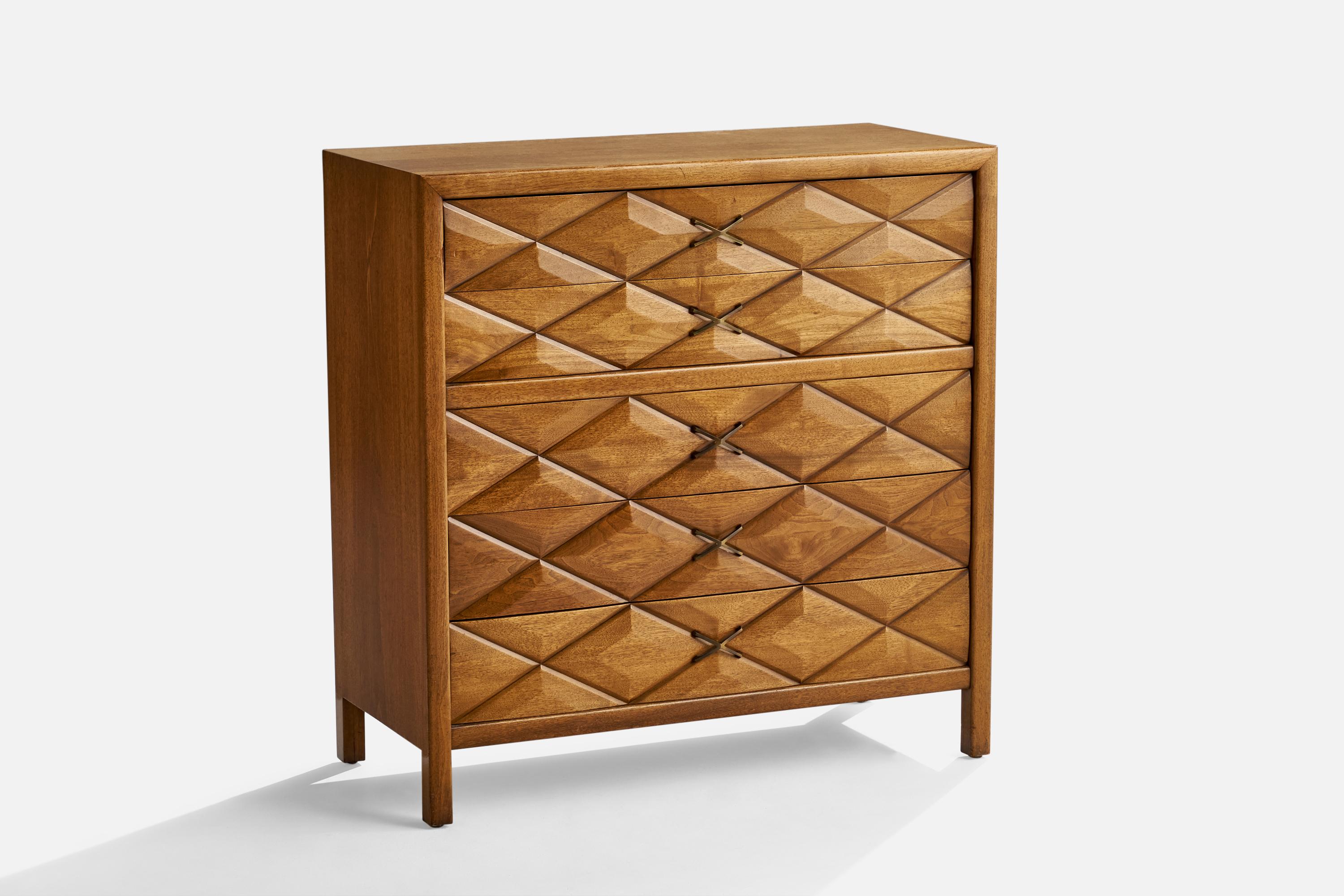 A walnut and brass chest of drawers designed and produced by Widdicomb, Grand Rapids, Michigan, USA, 1950s.