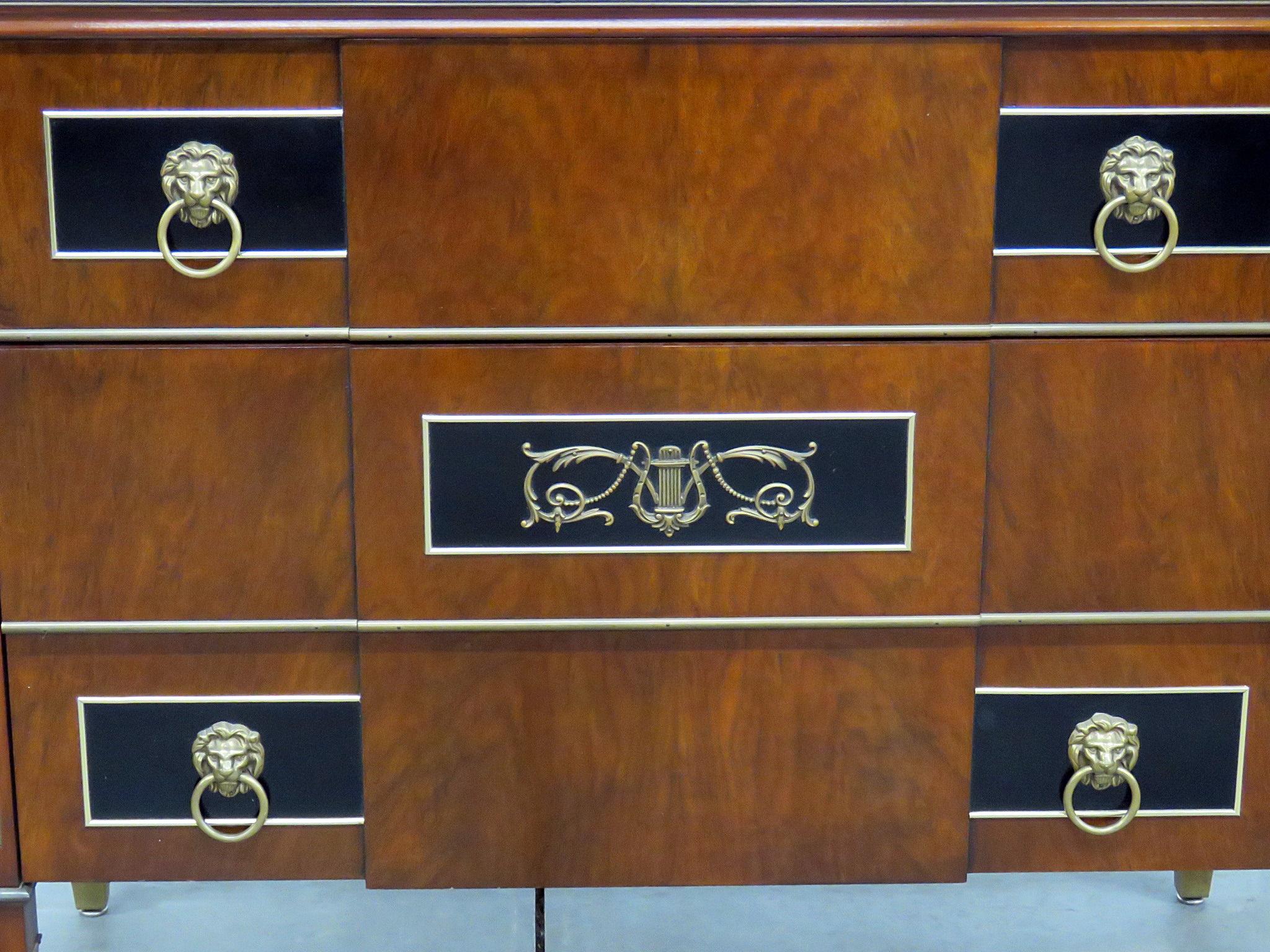 Widdicomb Directoire style 3 drawer marble top commode with bronze accents.