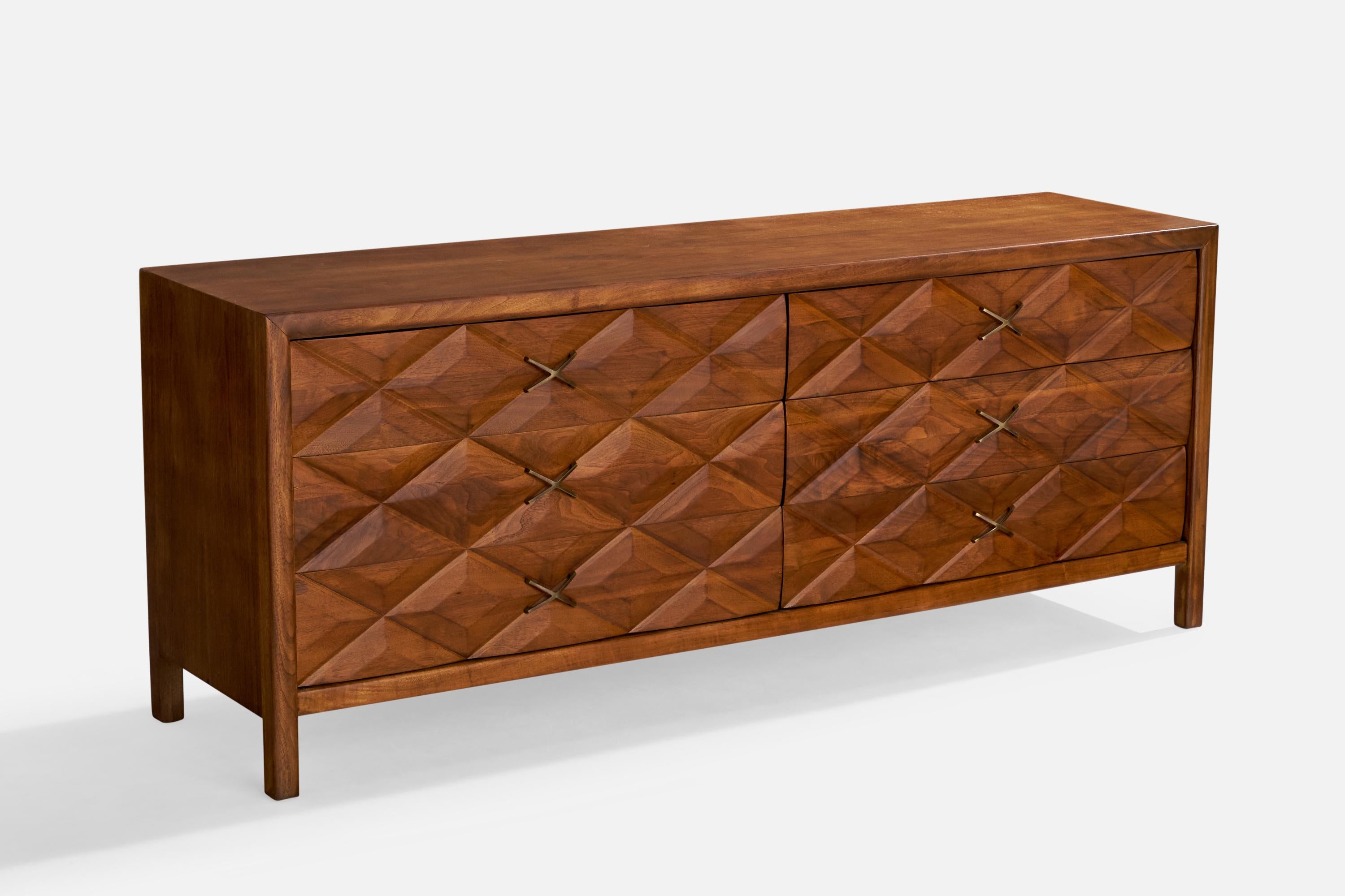 A stained oak and brass dresser designed and produced by Widdicomb, USA, 1950s.

Dimensions: 29.2” H x 72” W x 19” D