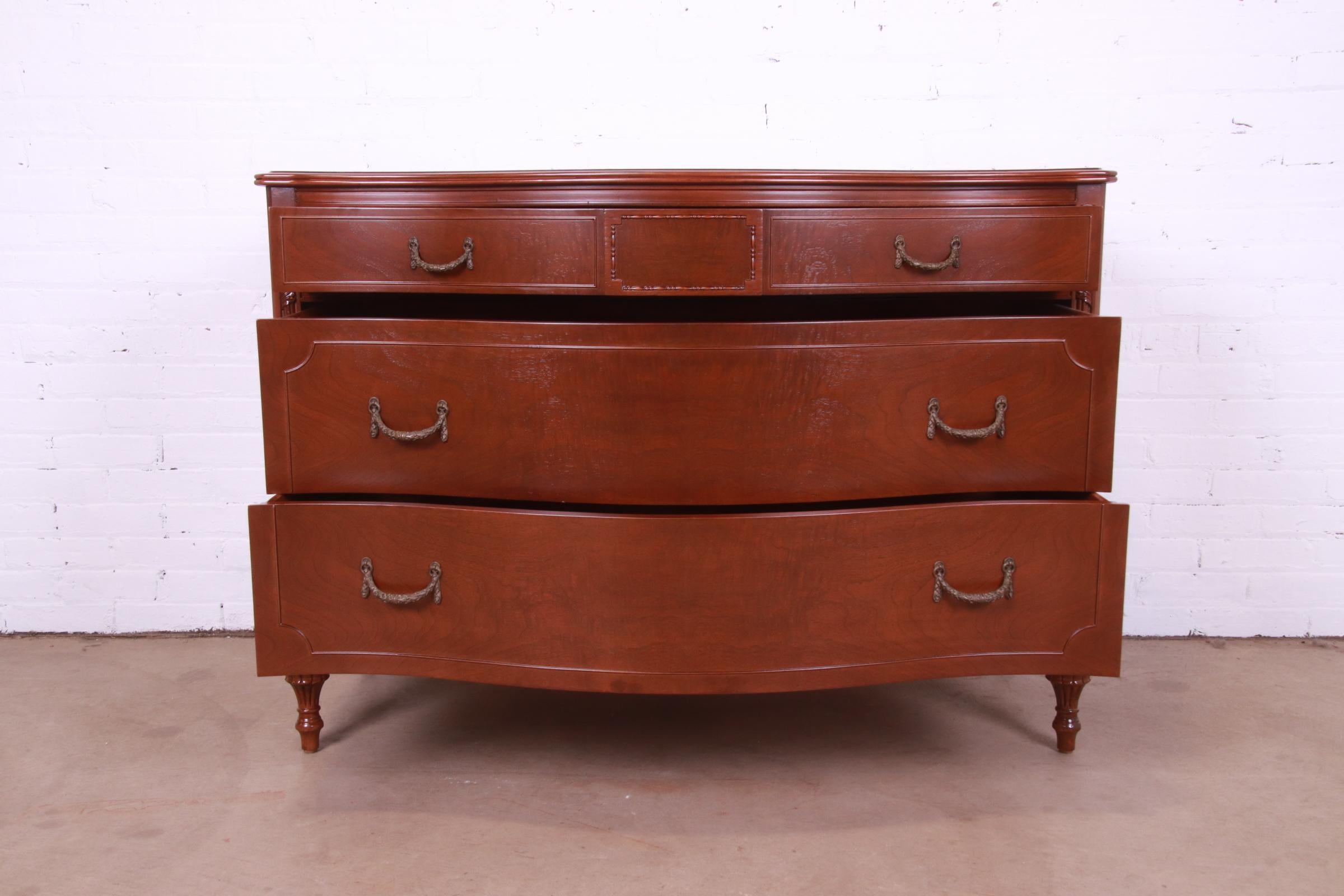 Brass Widdicomb French Regency Louis XVI Burled Walnut Bow Front Dresser, circa 1920s For Sale