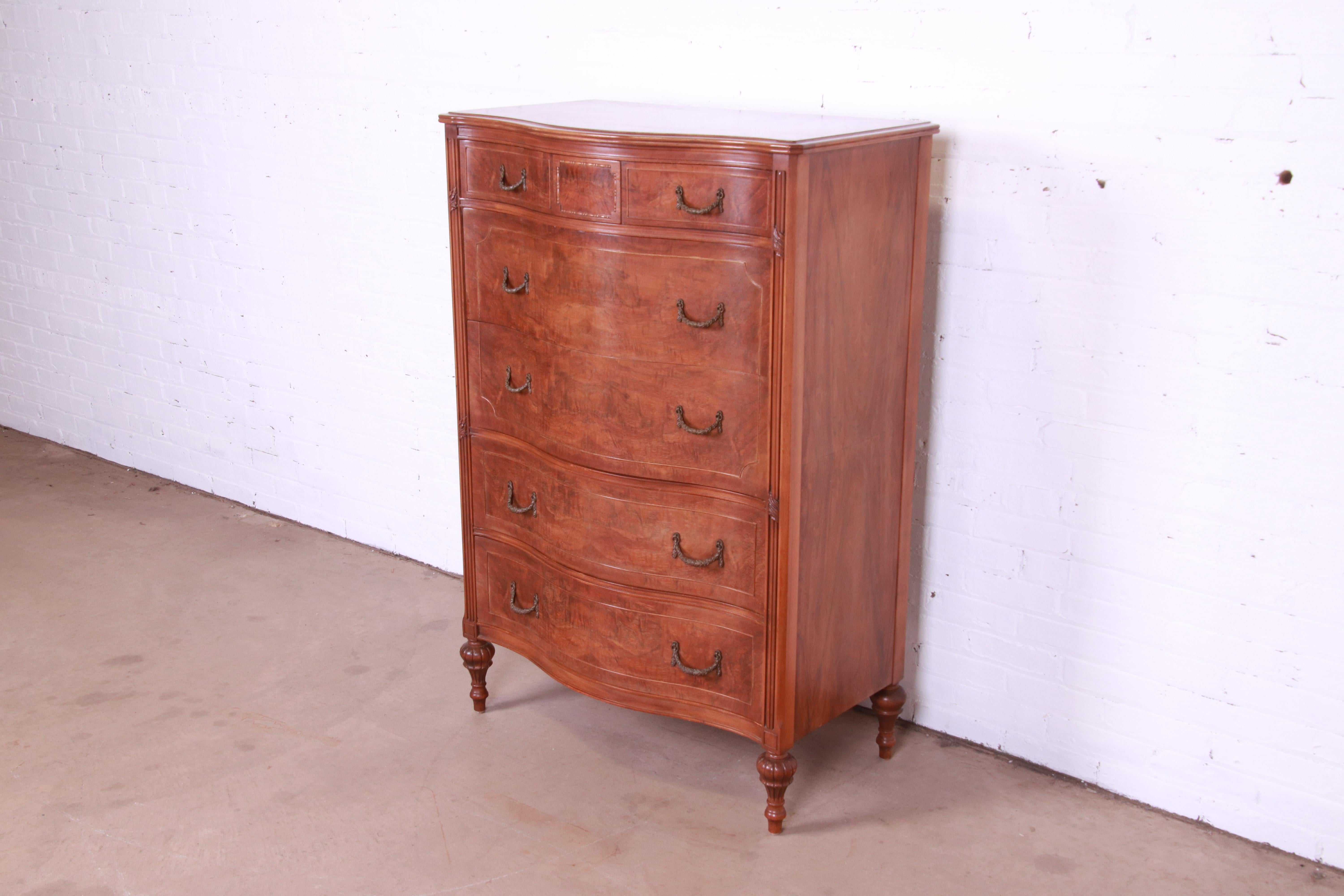 American Widdicomb French Regency Louis XVI Burled Walnut Highboy Dresser, Circa 1920s