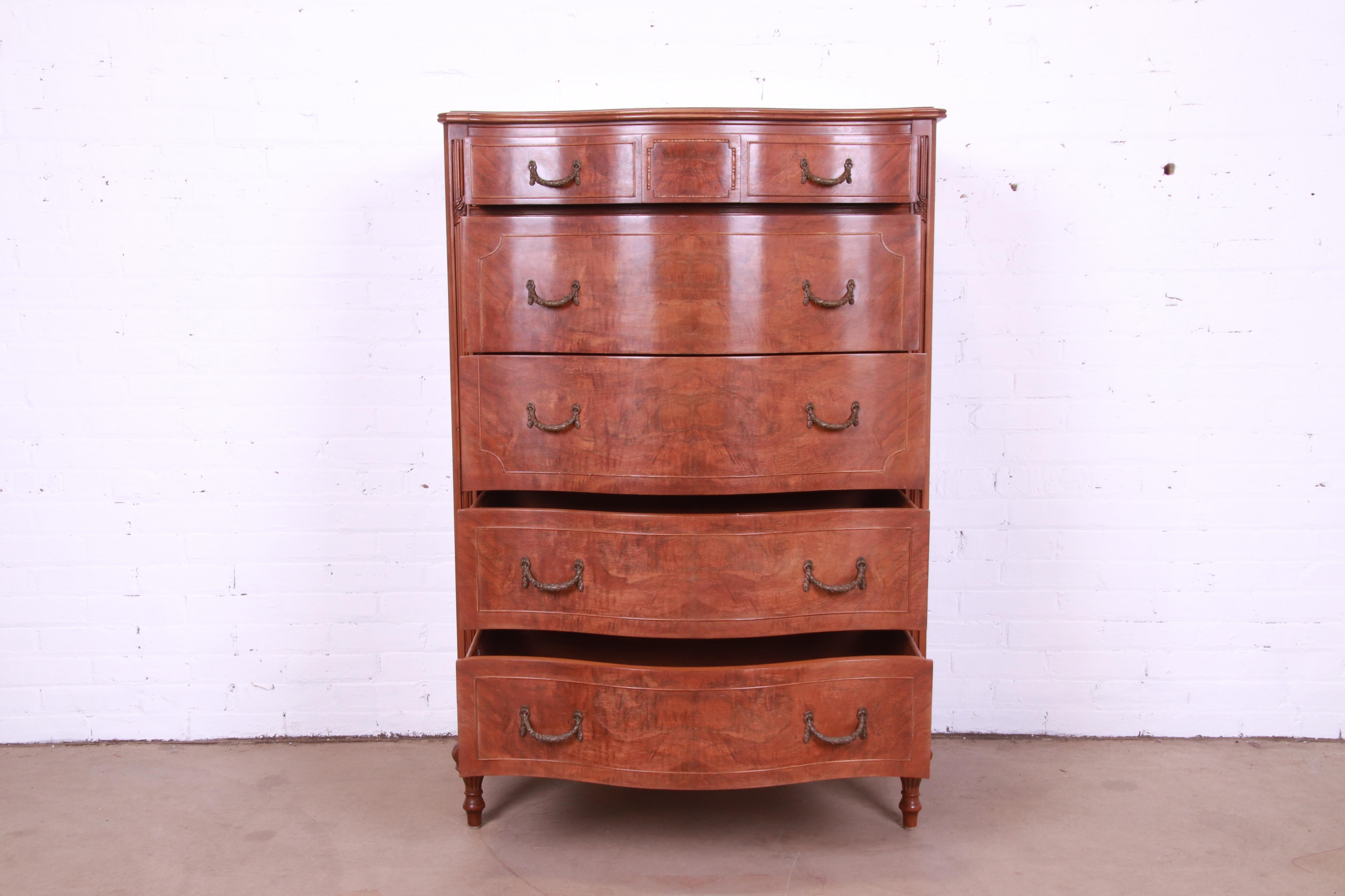 Brass Widdicomb French Regency Louis XVI Burled Walnut Highboy Dresser, Circa 1920s