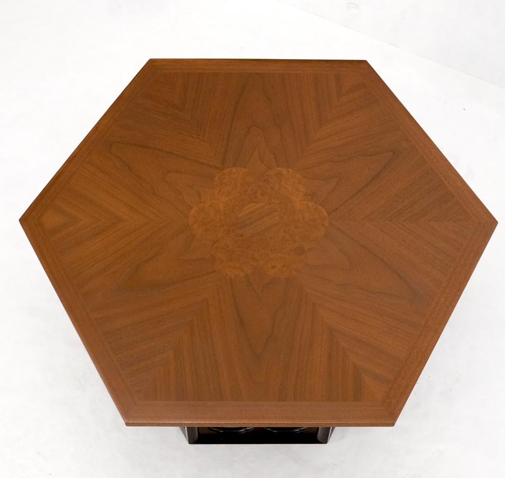 Lacquered Widdicomb Hexagon Light Walnut Top Center Lamp Side Table Stand Espresso Base For Sale