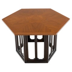 Vintage Widdicomb Hexagon Light Walnut Top Center Lamp Side Table Stand Espresso Base