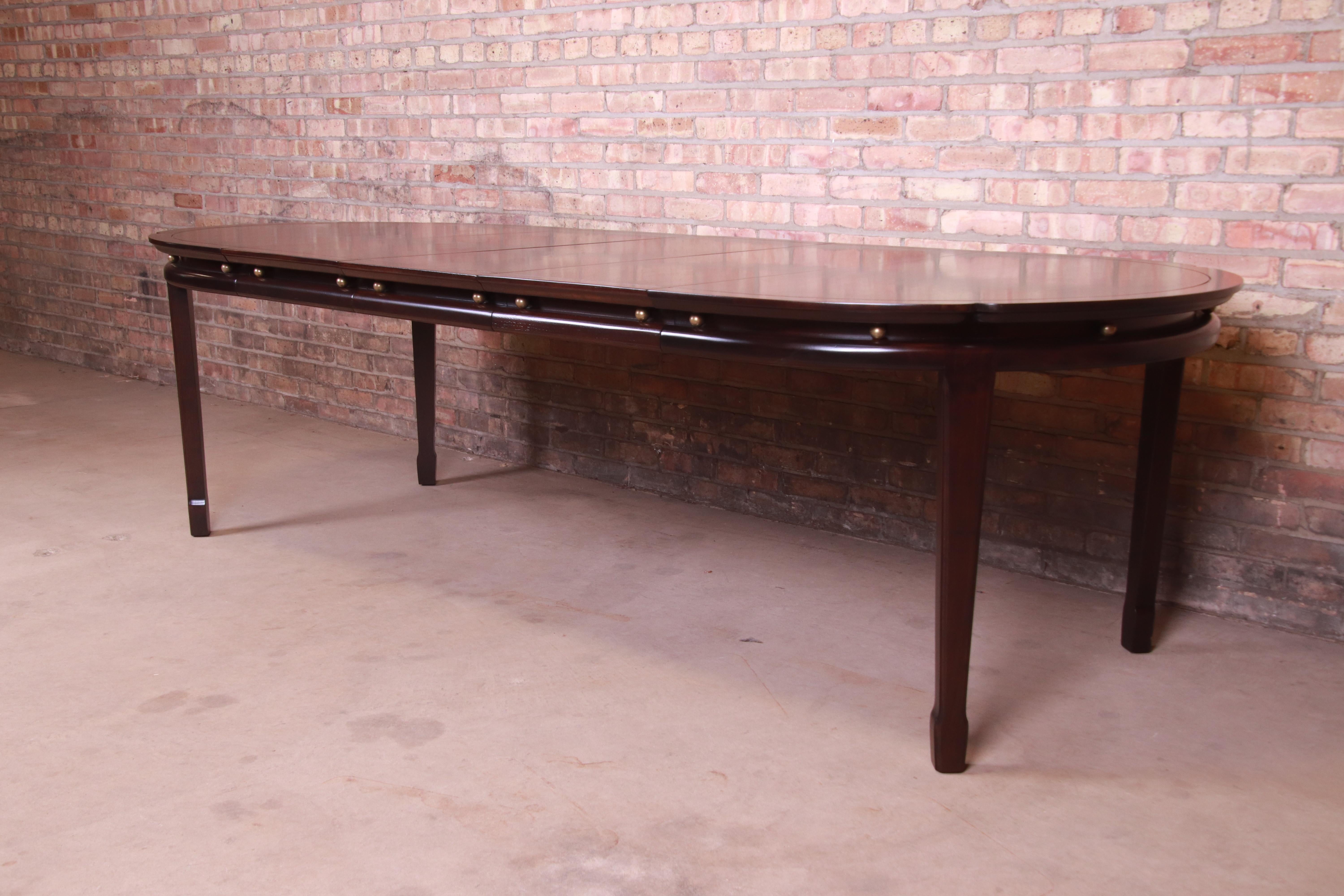 American Widdicomb Hollywood Regency Walnut and Brass Dining Table, Newly Refinished