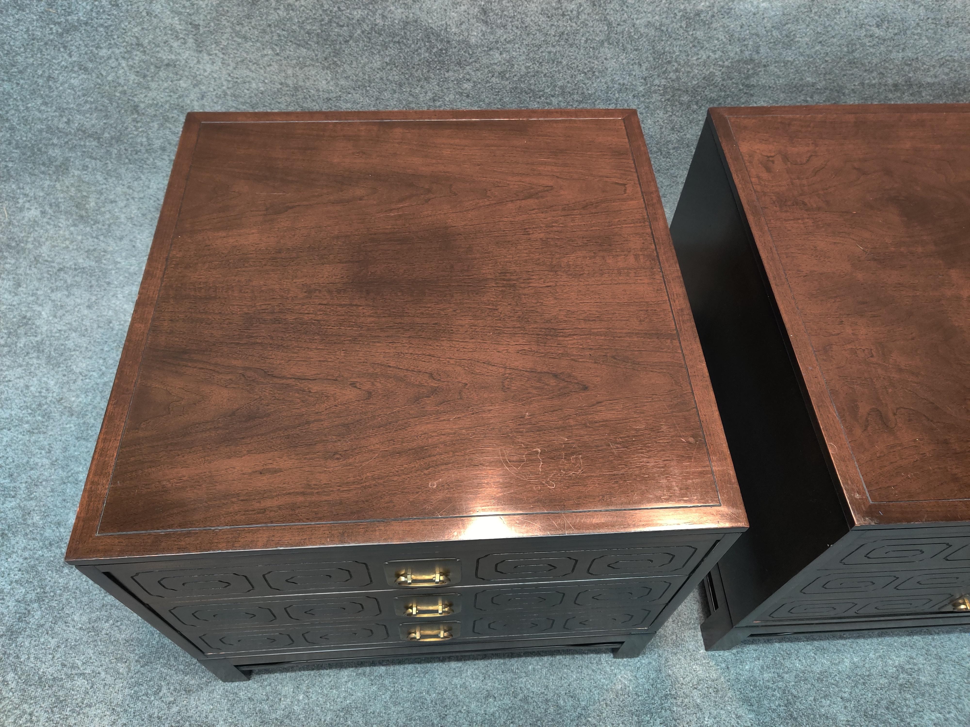 American Widdicomb Mandarin Design Pair of Large Walnut and Brass End Tables/Nightstands