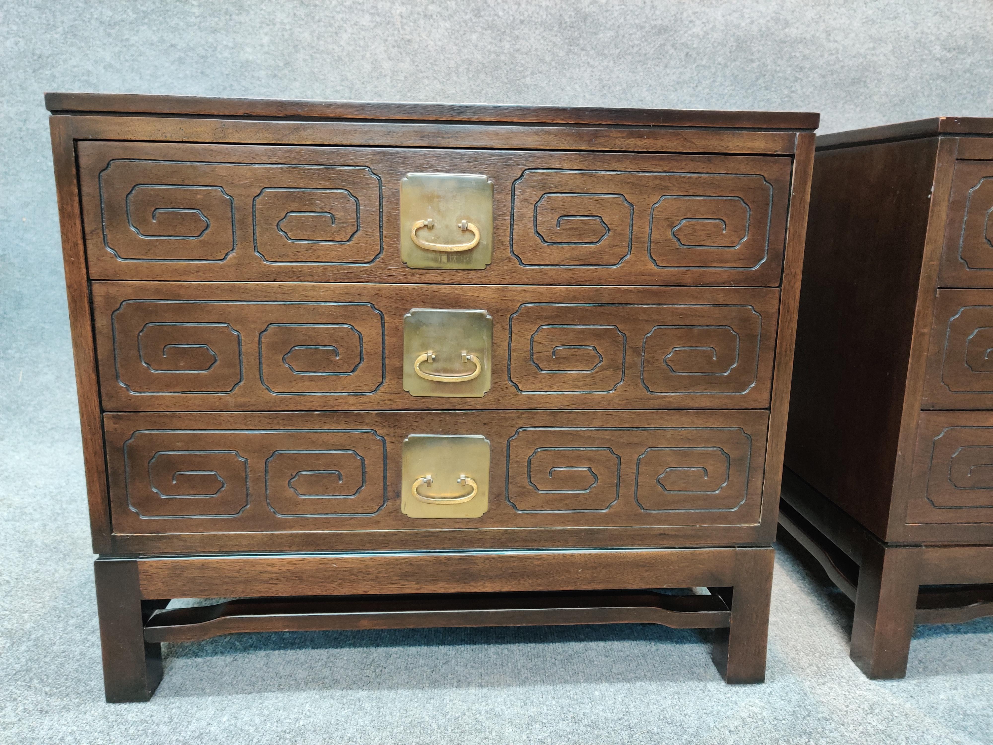 Widdicomb Mandarin Design Pair of Large Walnut and Brass End Tables/Nightstands In Good Condition In Philadelphia, PA