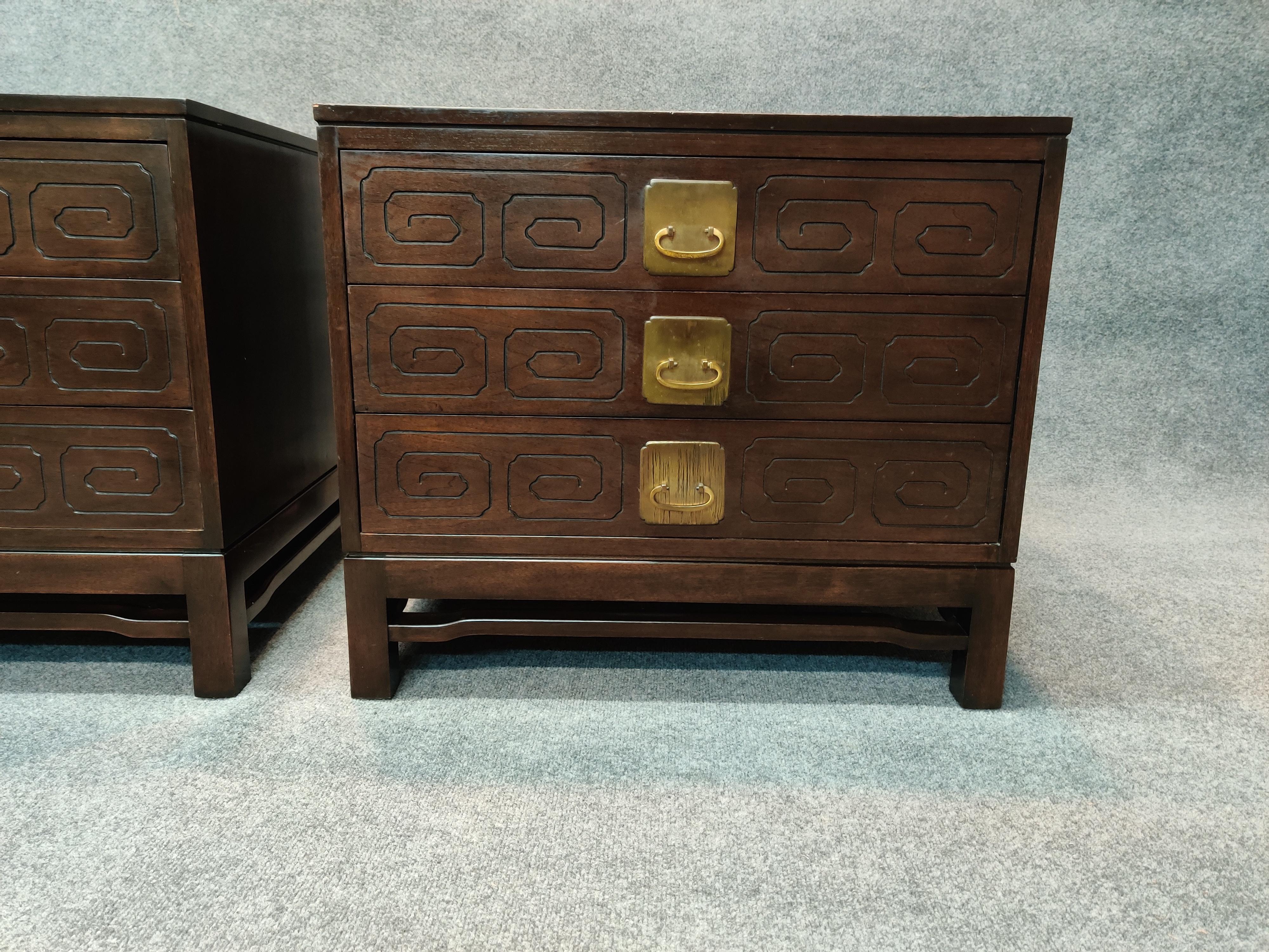 Mid-20th Century Widdicomb Mandarin Design Pair of Large Walnut and Brass End Tables/Nightstands