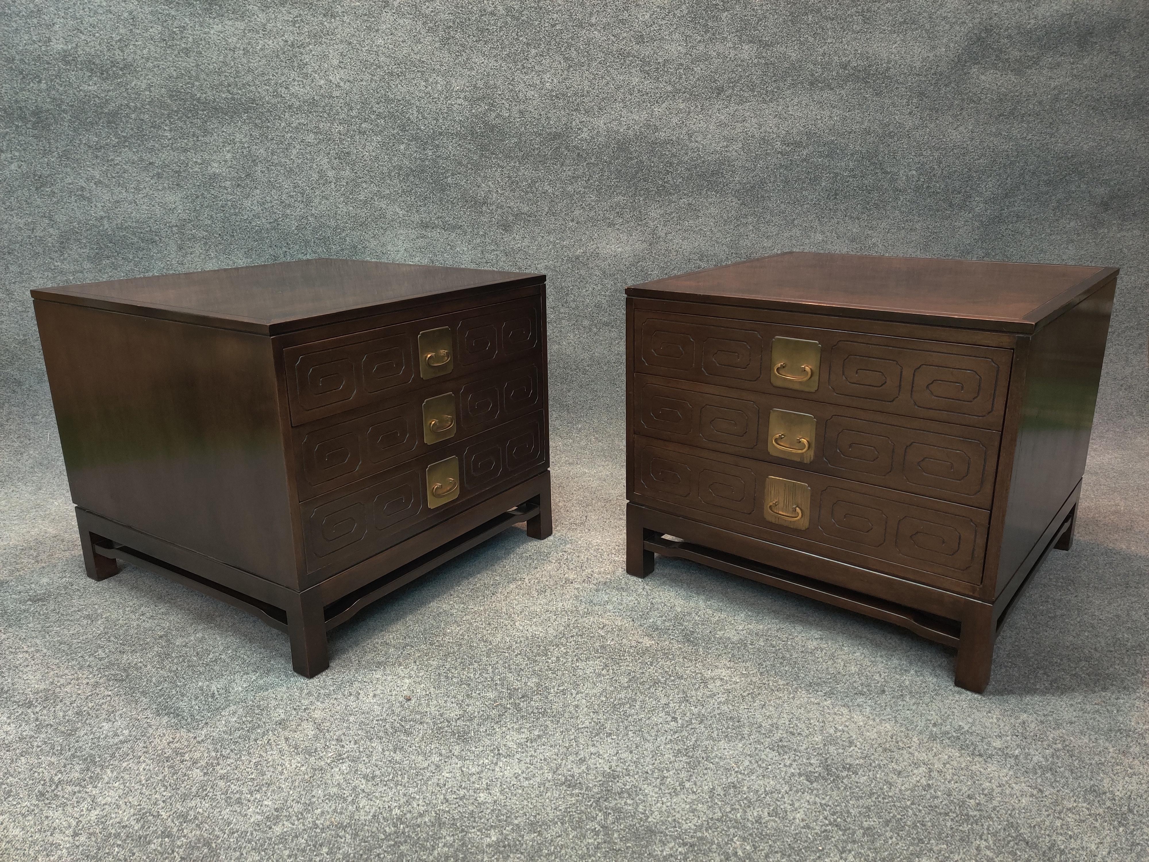 Widdicomb Mandarin Design Pair of Large Walnut and Brass End Tables/Nightstands 1