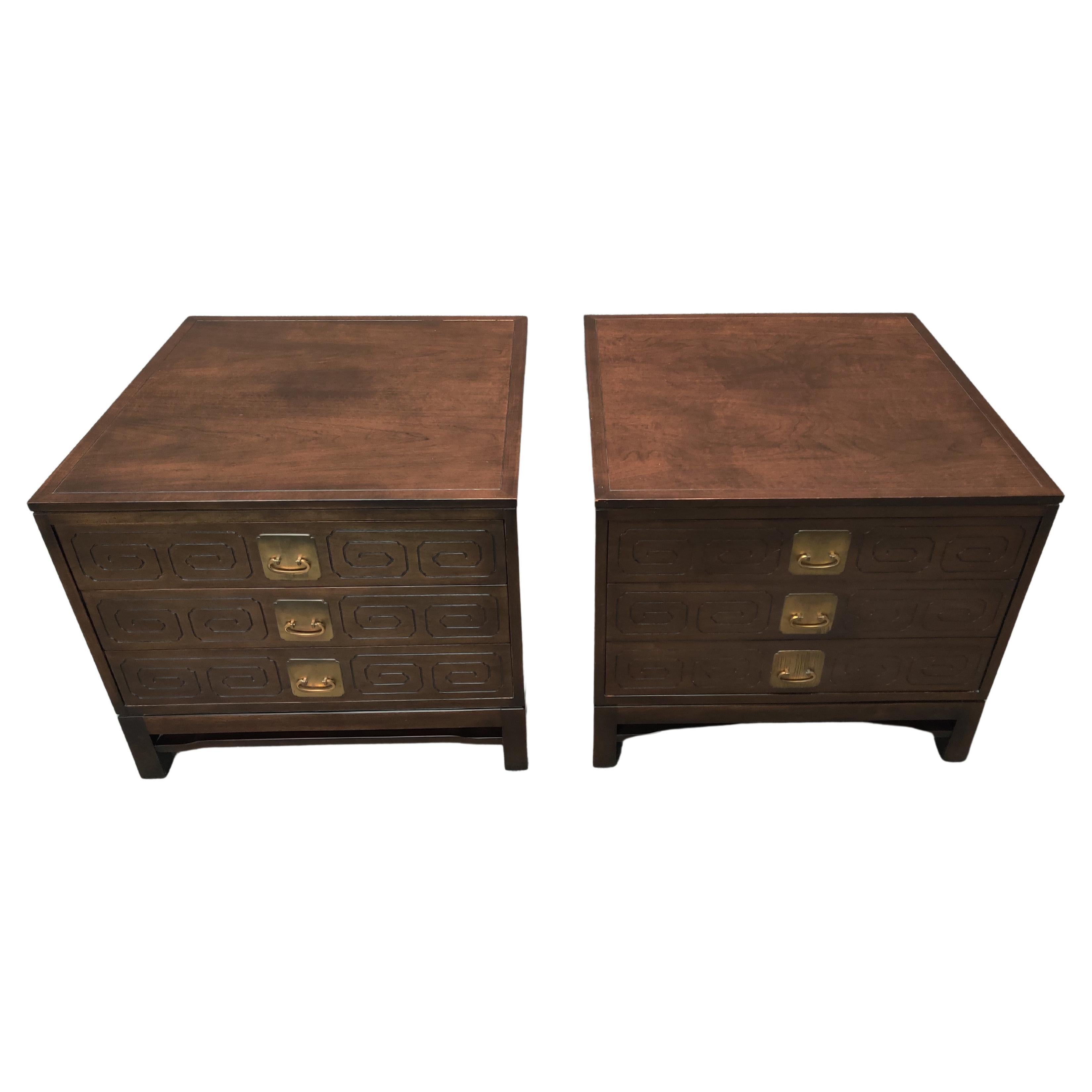 Widdicomb Mandarin Design Pair of Large Walnut and Brass End Tables/Nightstands