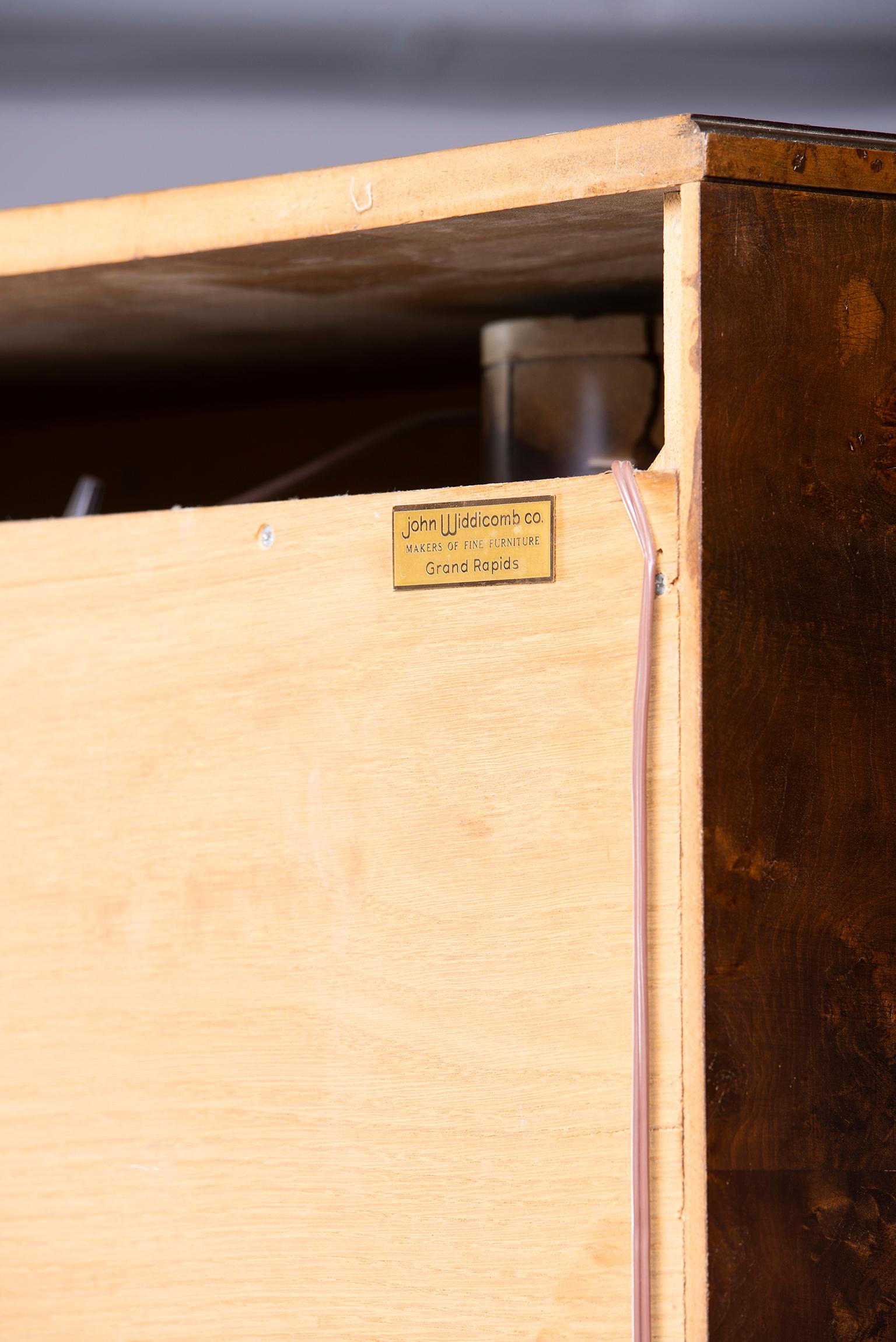 Widdicomb Midcentury Burled Olive Wood Cabinet with Glass Doors 8