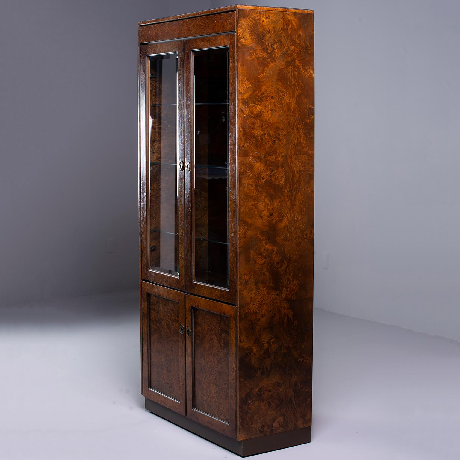 American Widdicomb Midcentury Burled Olive Wood Cabinet with Glass Doors