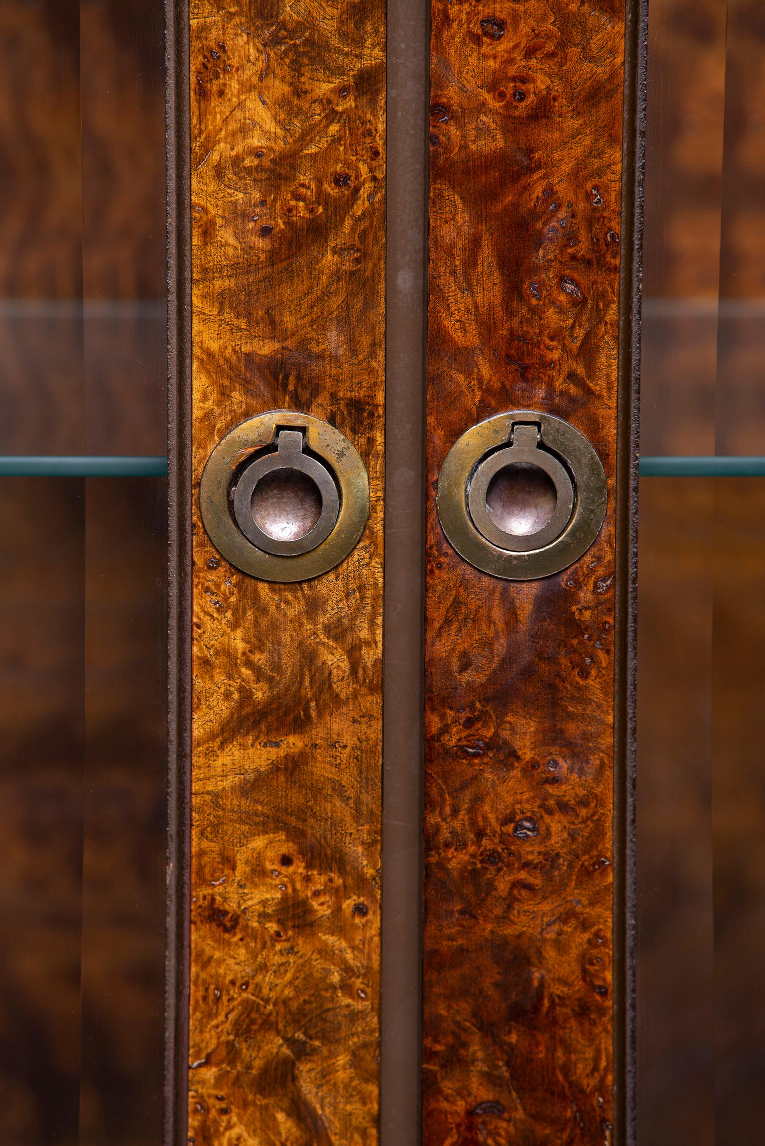 20th Century Widdicomb Midcentury Burled Olive Wood Cabinet with Glass Doors