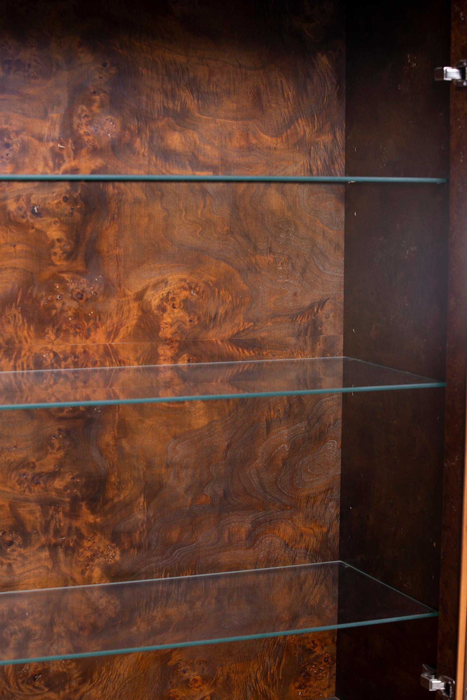 Brass Widdicomb Midcentury Burled Olive Wood Cabinet with Glass Doors