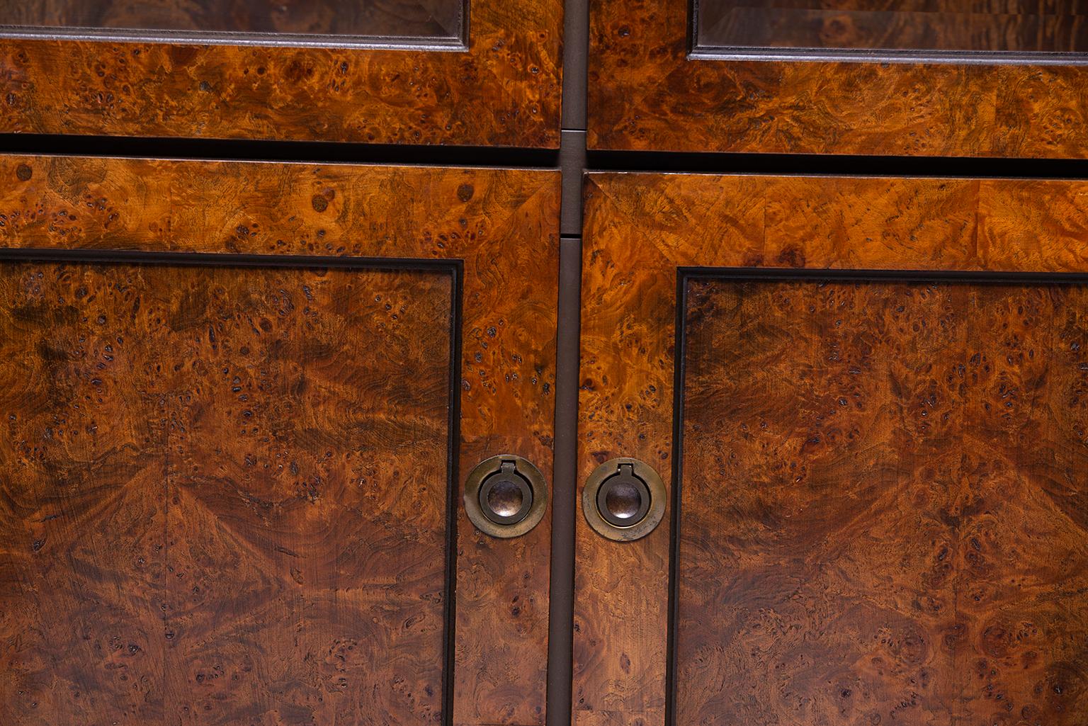 Widdicomb Midcentury Burled Olive Wood Cabinet with Glass Doors 1