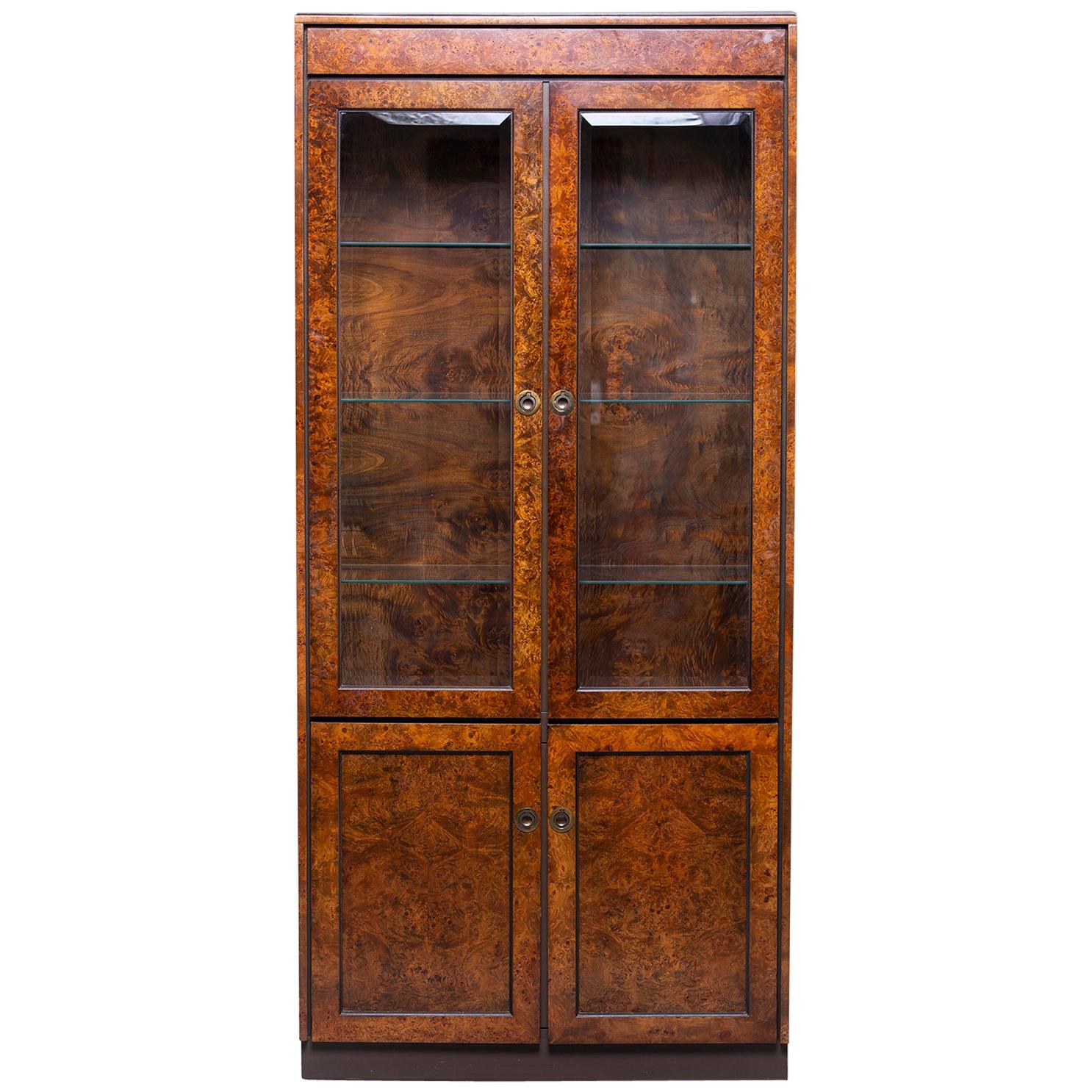 Widdicomb Midcentury Burled Olive Wood Cabinet with Glass Doors