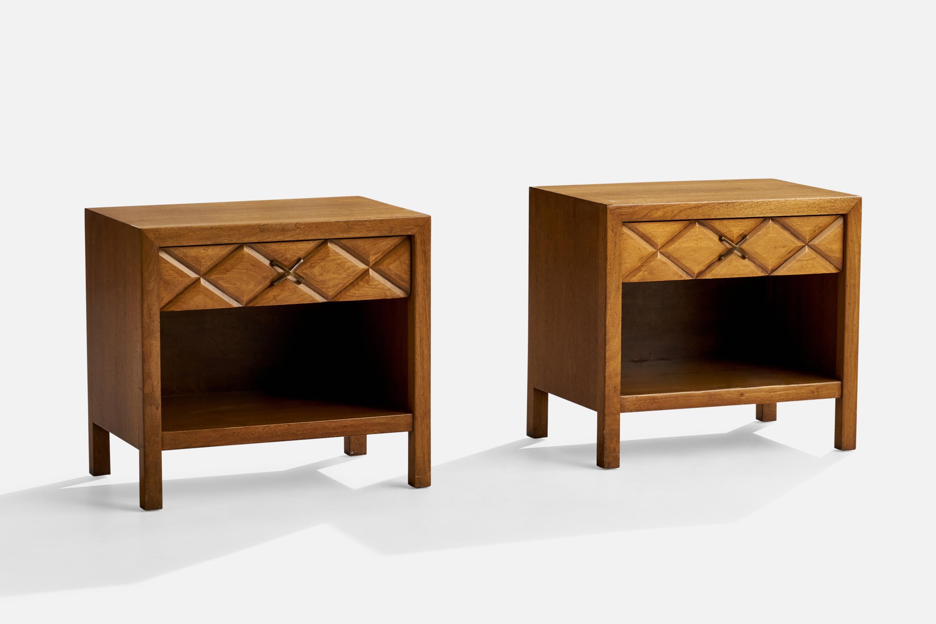 A pair of walnut and brass nightstands designed and produced by Widdicomb, Grand Rapids, Michigan, USA, 1950s.