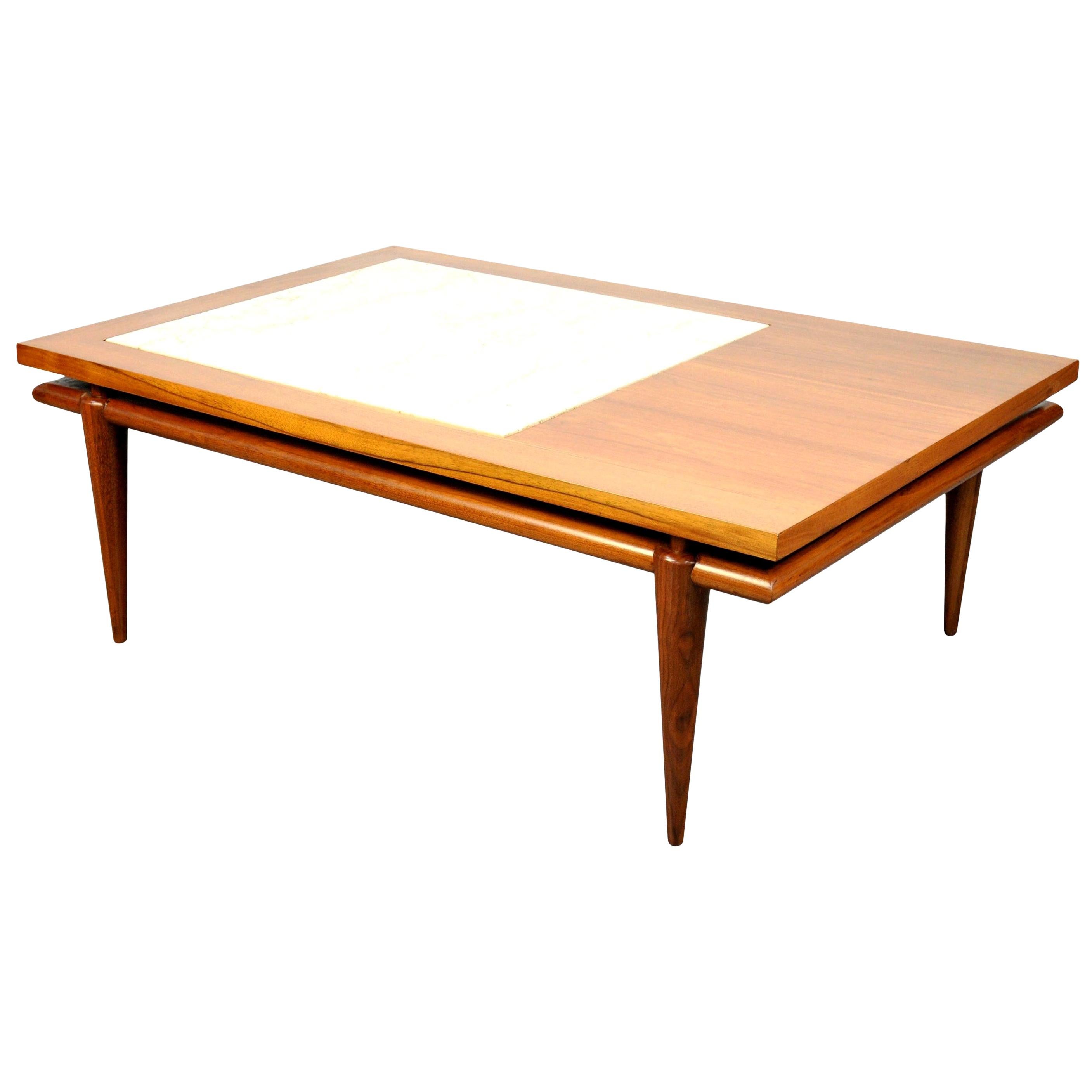 American Widdicomb Walnut and Travertine Coffee Table with Floating Top, 1960s