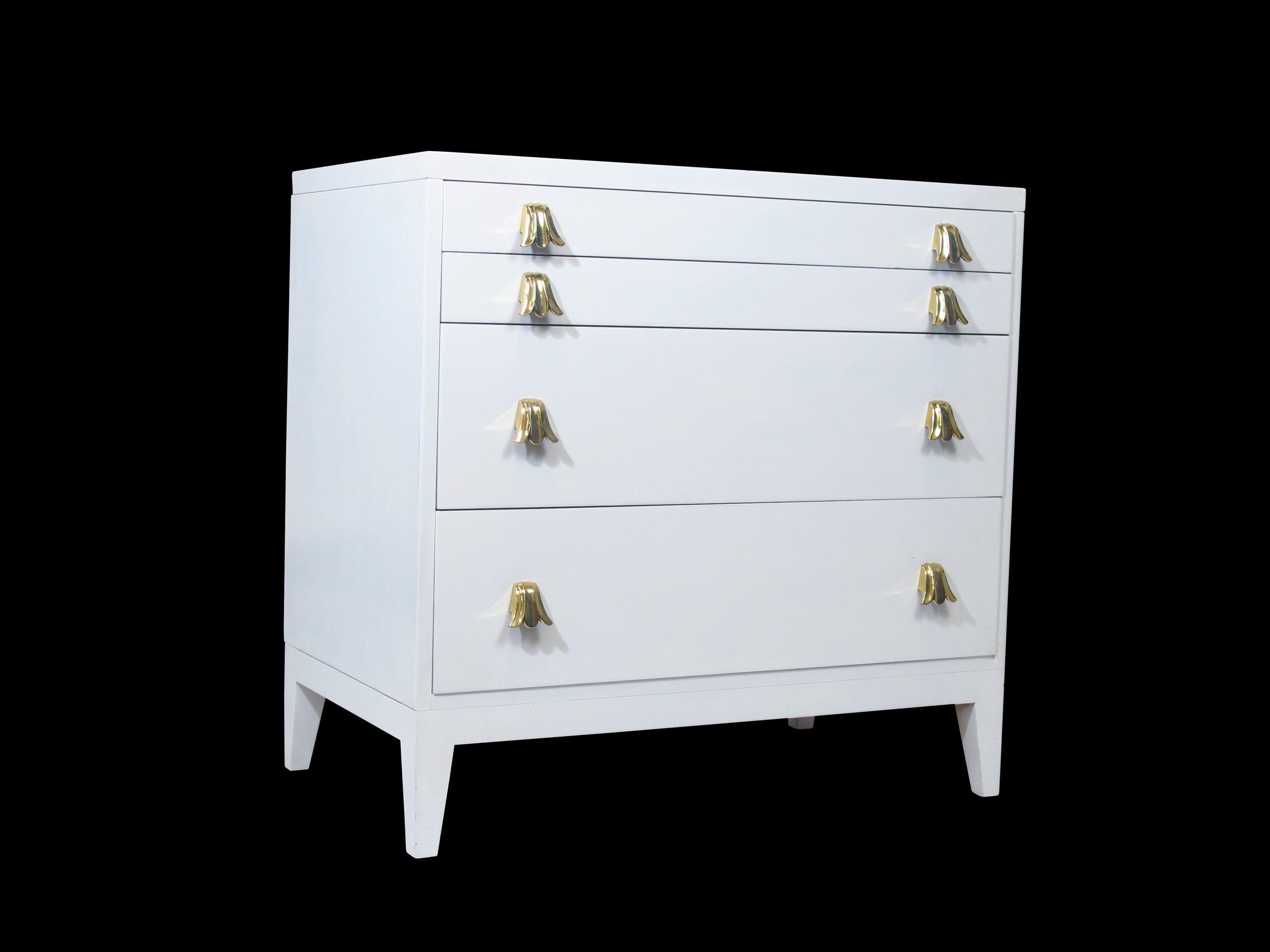 Mid-Century Modern Widdicomb White Lacquered Dresser Cabinet with Brass Pulls For Sale