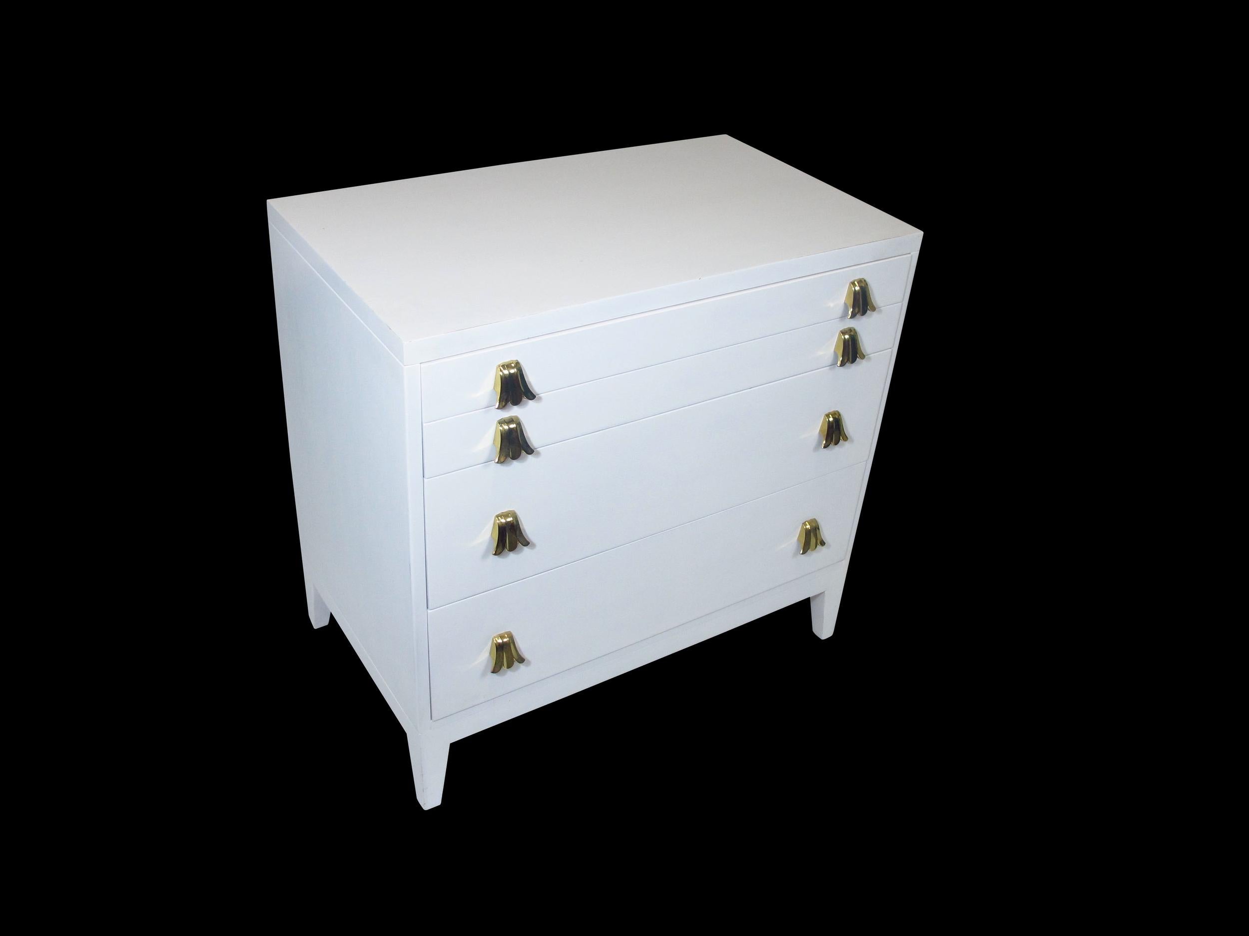 American Widdicomb White Lacquered Dresser Cabinet with Brass Pulls For Sale