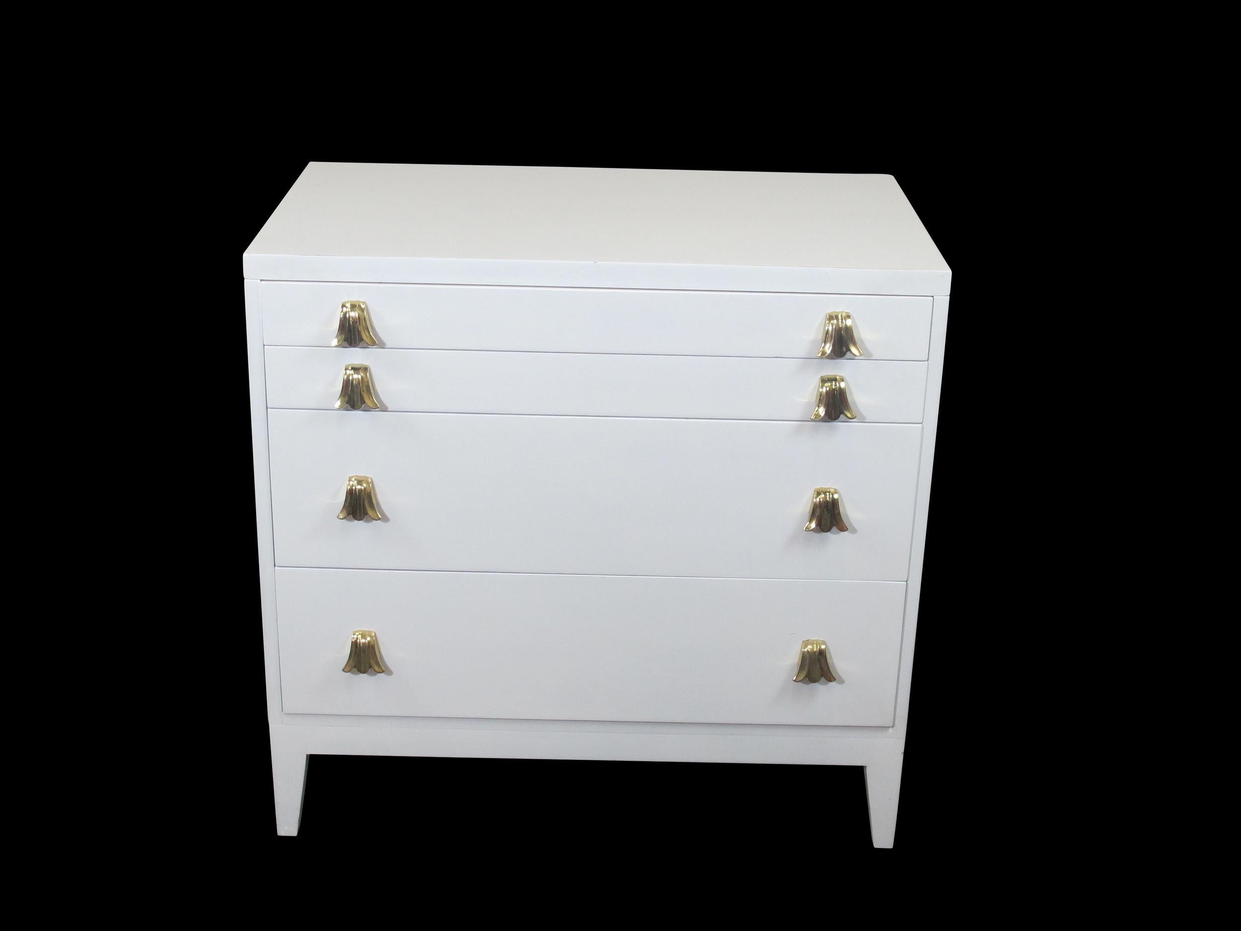 Widdicomb White Lacquered Dresser Cabinet with Brass Pulls In Good Condition For Sale In Oakland, CA
