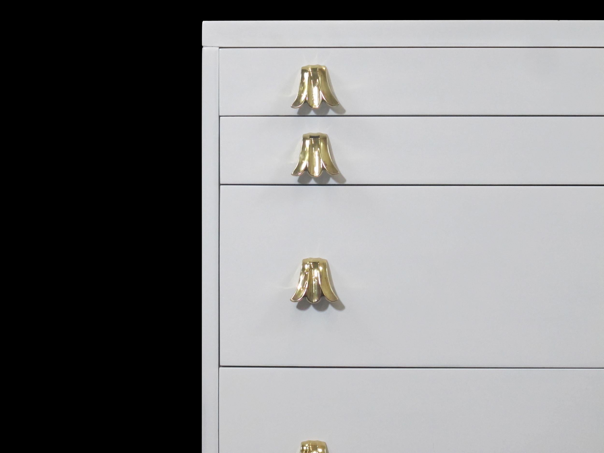 20th Century Widdicomb White Lacquered Dresser Cabinet with Brass Pulls For Sale