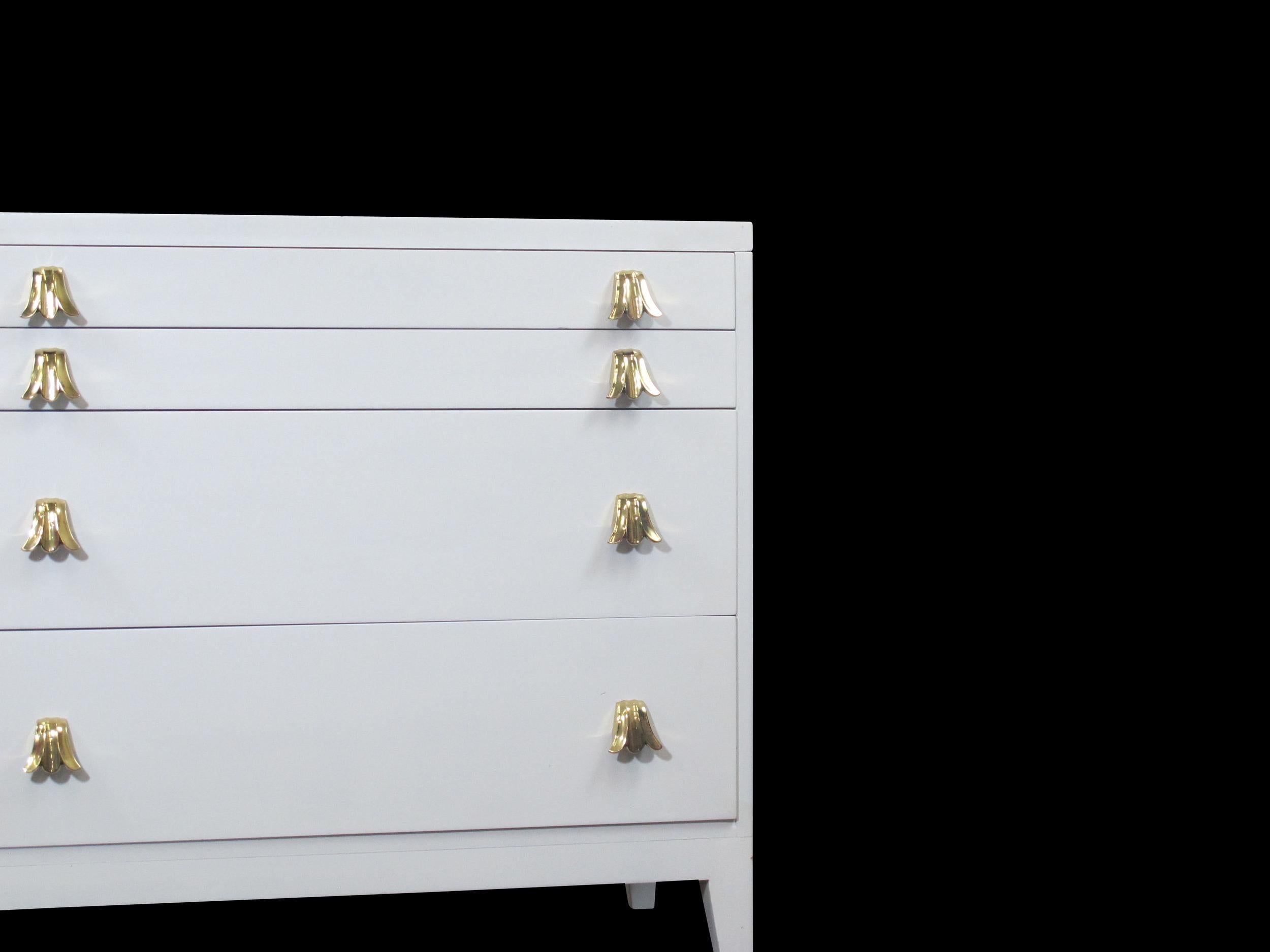Beech Widdicomb White Lacquered Dresser Cabinet with Brass Pulls For Sale