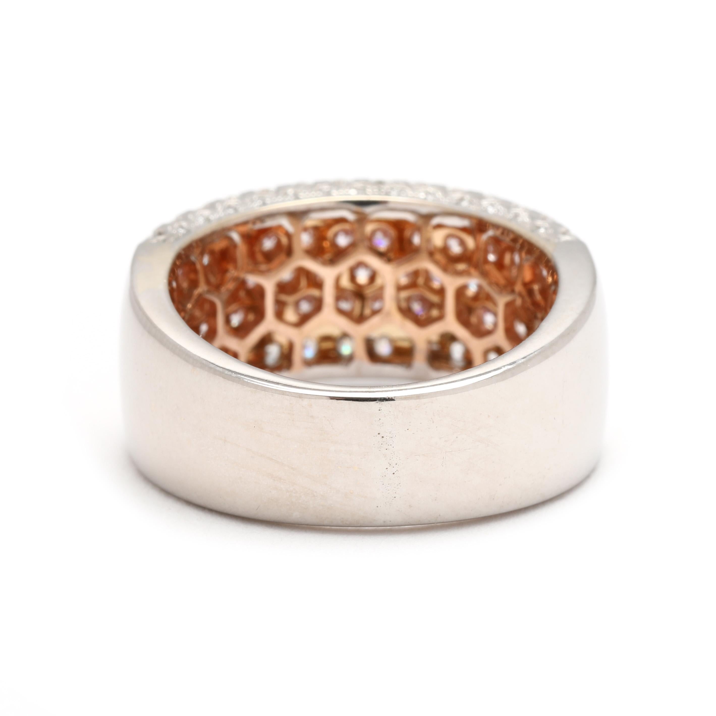 Anillo ancho con pavé de diamantes rosa de 1,26 ctw, oro blanco y rosa de 18k, talla 6 Corte redondo en venta