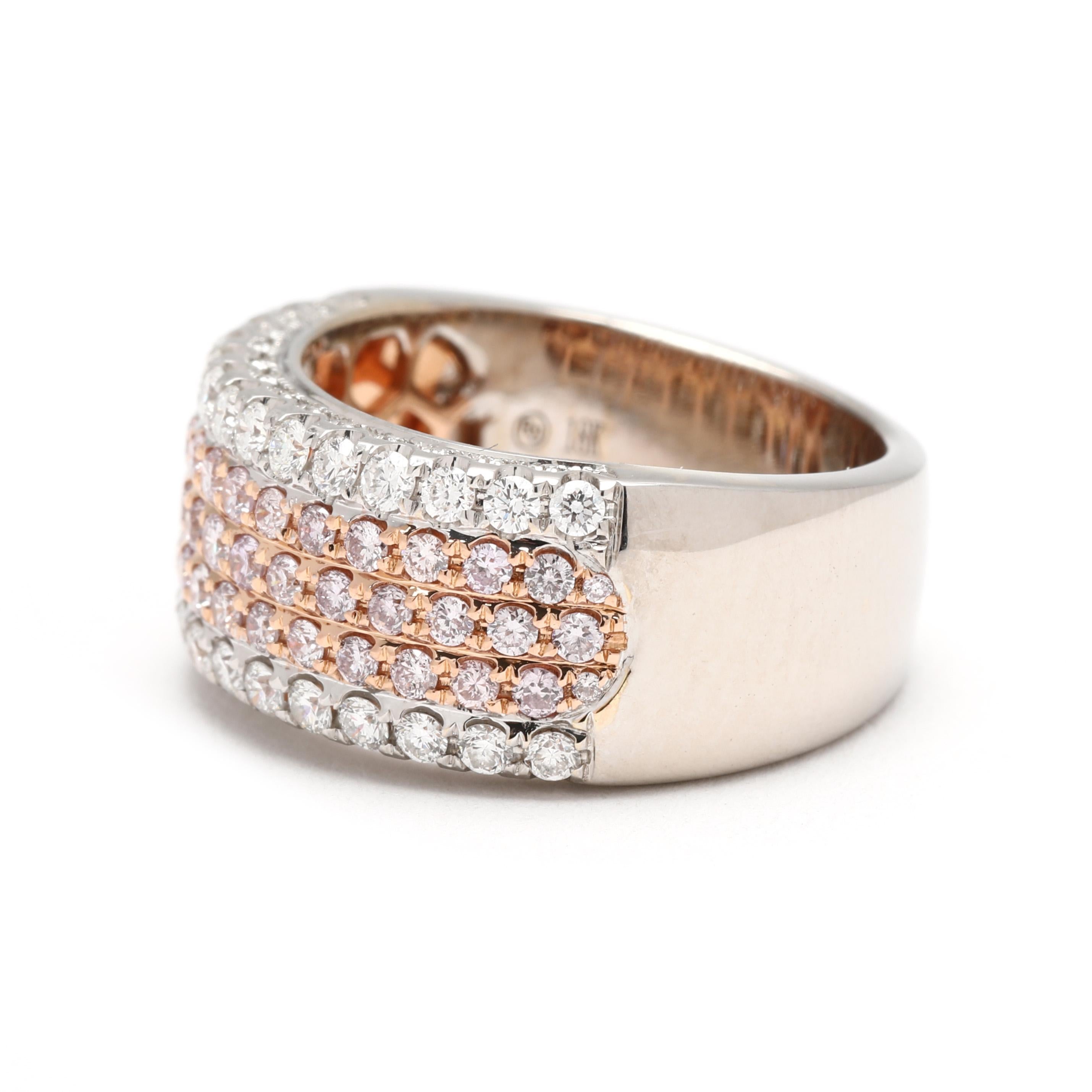 Anillo ancho con pavé de diamantes rosa de 1,26 ctw, oro blanco y rosa de 18k, talla 6 en Bueno estado para la venta en McLeansville, NC