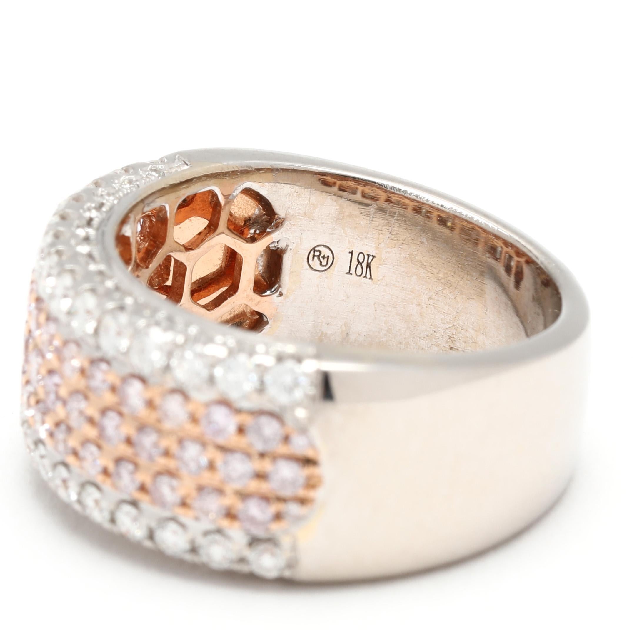 Femenino o masculino Anillo ancho con pavé de diamantes rosa de 1,26 ctw, oro blanco y rosa de 18k, talla 6 en venta