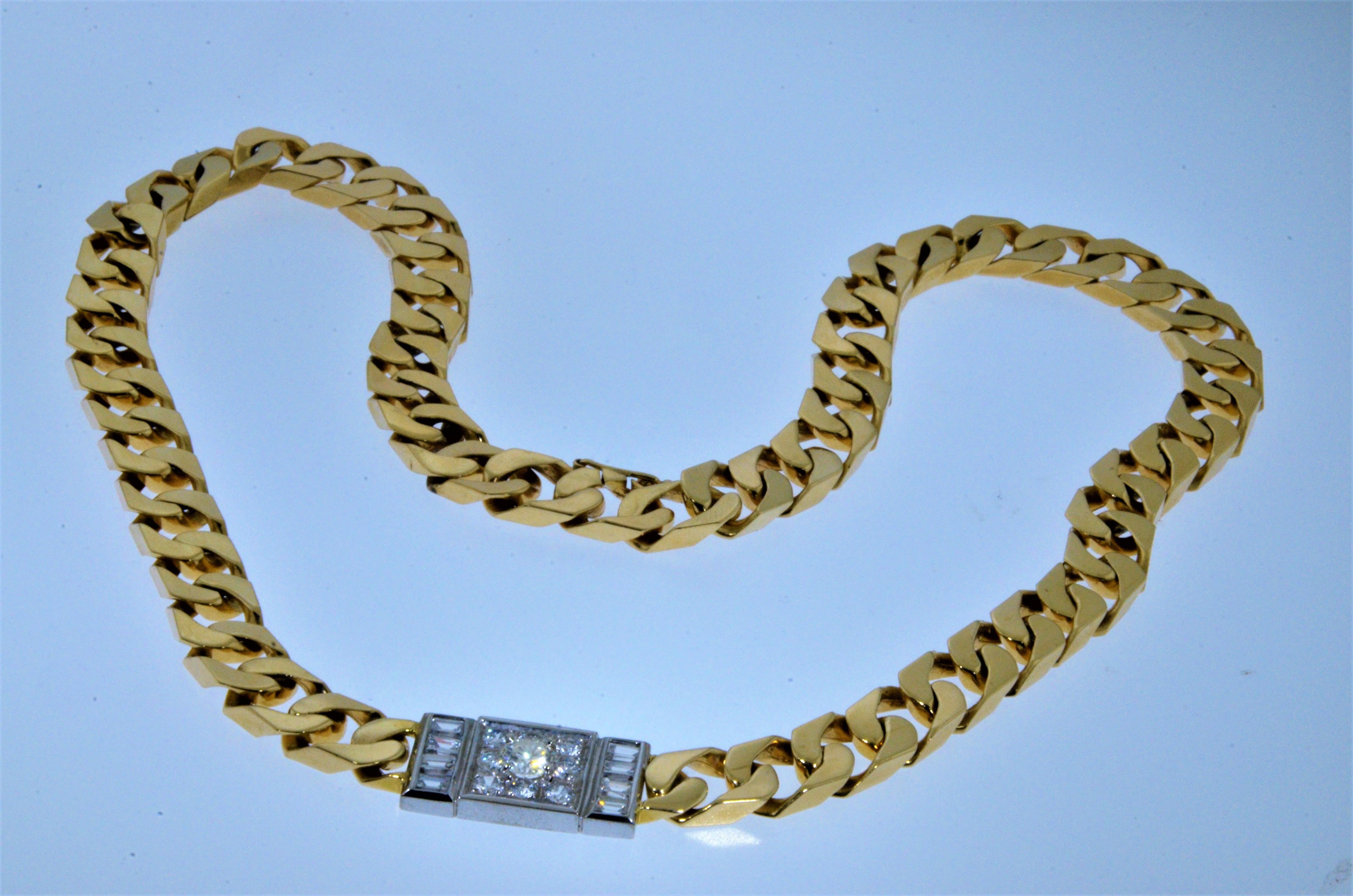Retro Wide 14 Karat Yellow Gold Curb Link Chain Set with 2.50 Carat of Diamonds For Sale