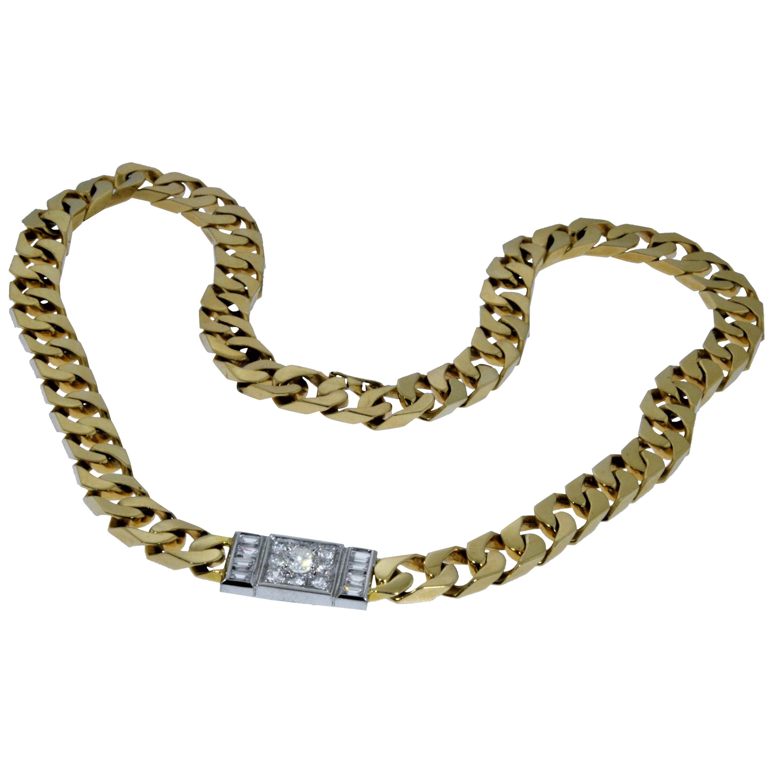 Wide 14 Karat Yellow Gold Curb Link Chain Set with 2.50 Carat of Diamonds For Sale