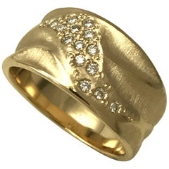 Wide 14 Karat Yellow Gold Textured Ring with White Diamond Cluster by K.MITA