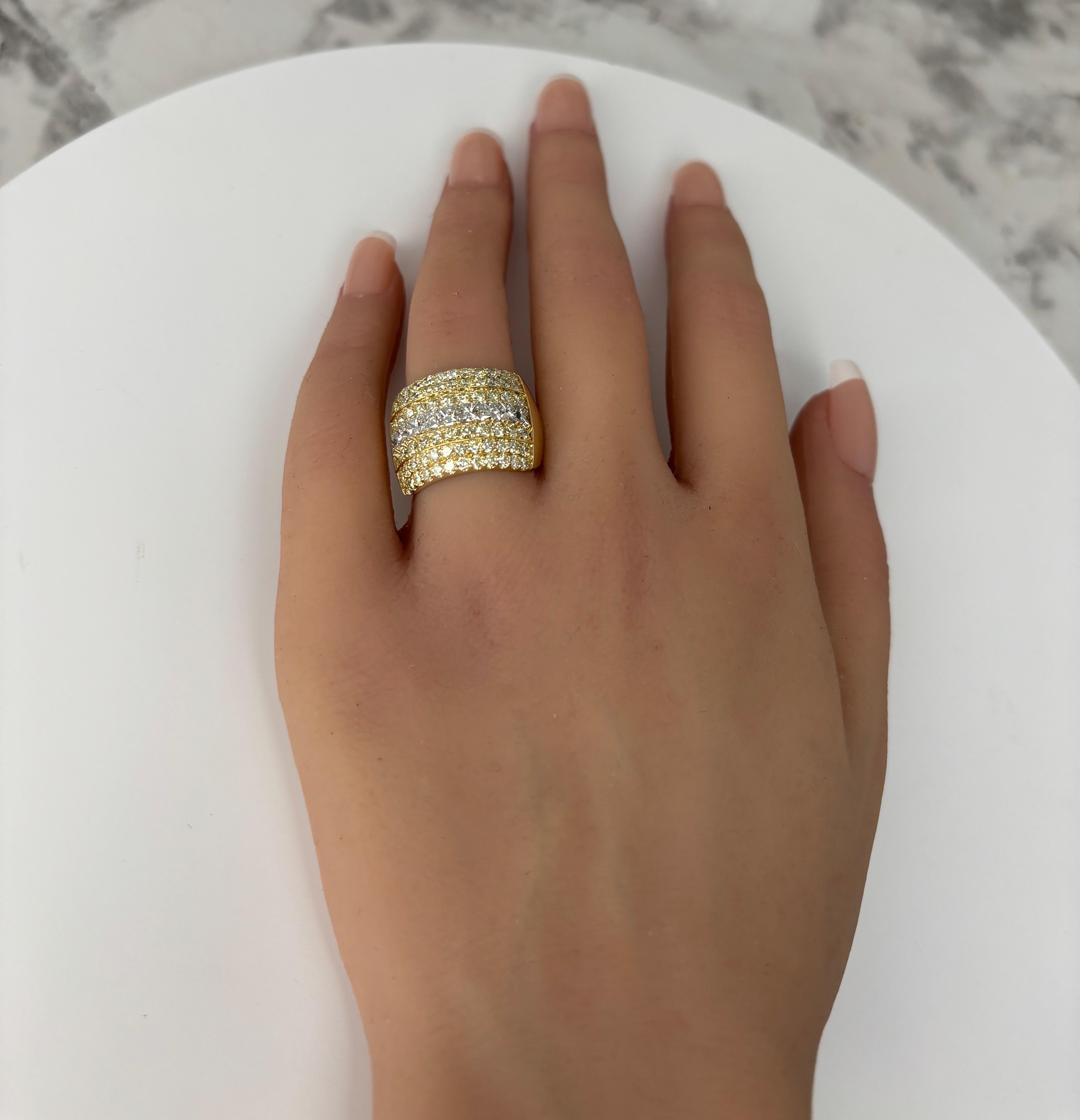 Wide 14k Yellow Gold Natural Princess & Brilliant Cut Diamond Ring, Band 14