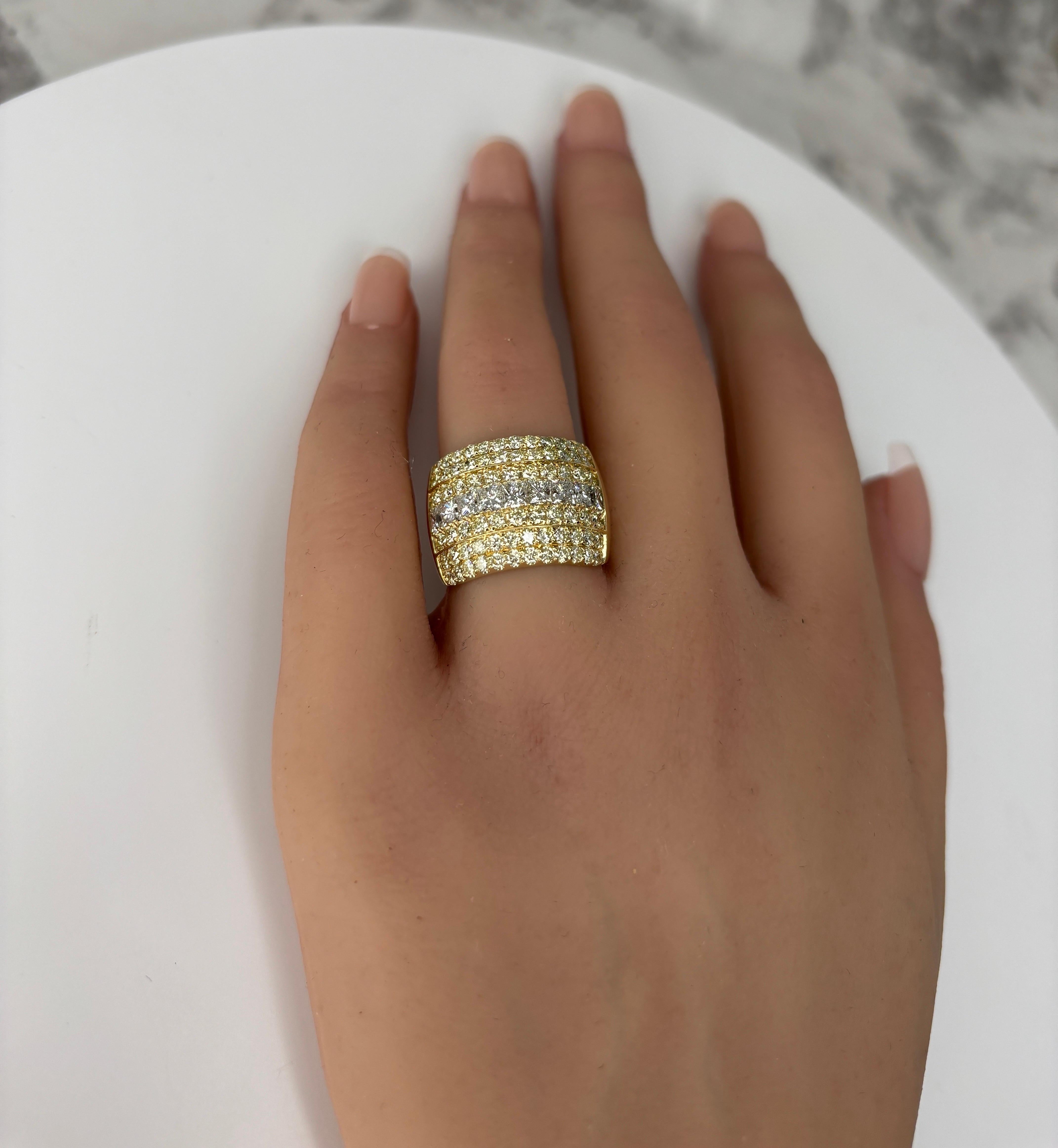 Wide 14k Yellow Gold Natural Princess & Brilliant Cut Diamond Ring, Band 15