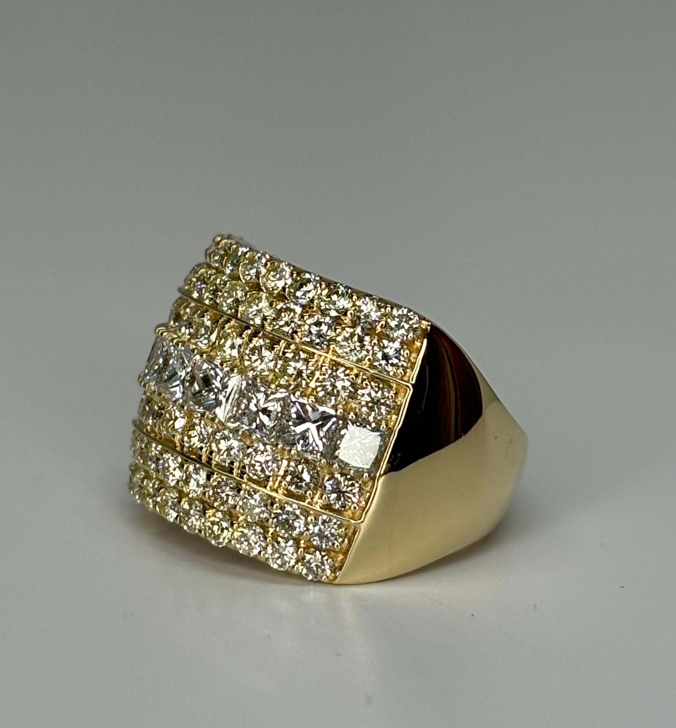 Contemporary Wide 14k Yellow Gold Natural Princess & Brilliant Cut Diamond Ring, Band